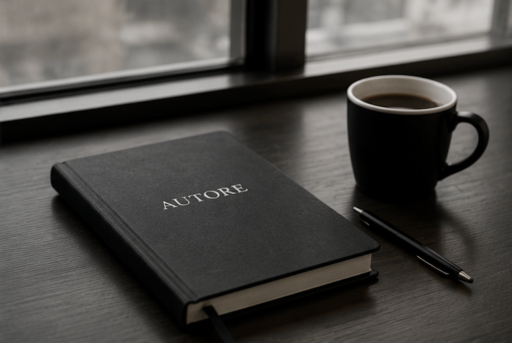 A black notebook labeled 'AUTORE' on a wooden table next to a black coffee mug and a black pen, near a window.