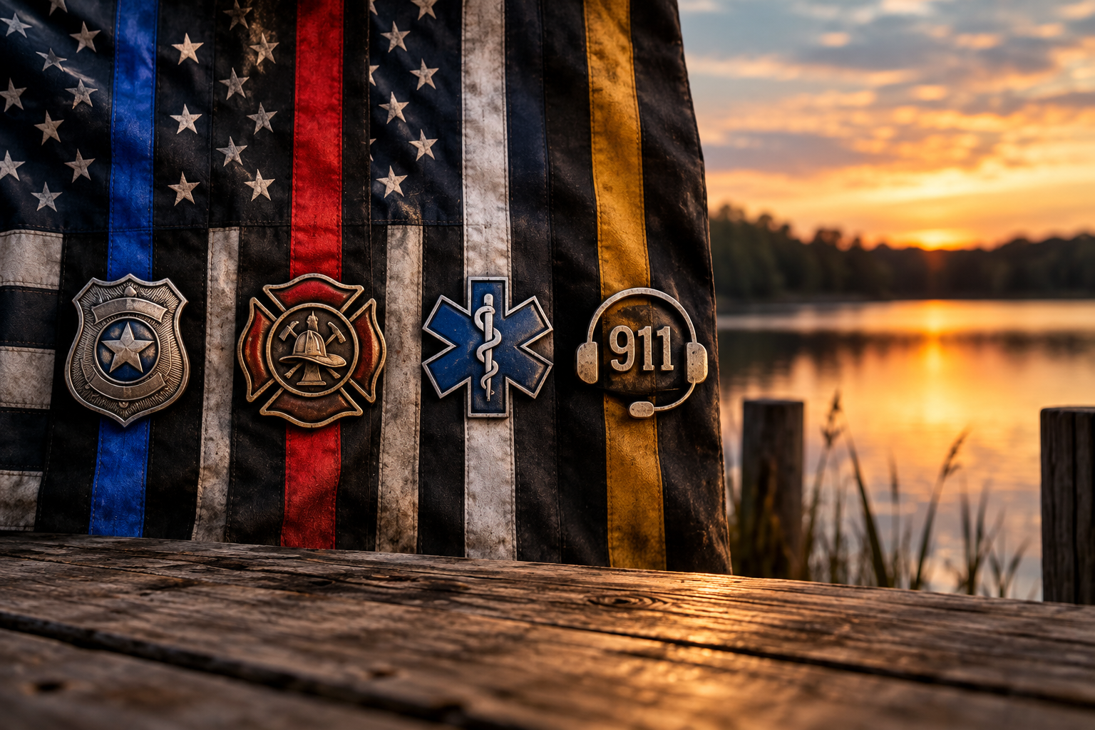 First responder tribute representing law enforcement, firefighters, EMS professionals, and 911 dispatchers.