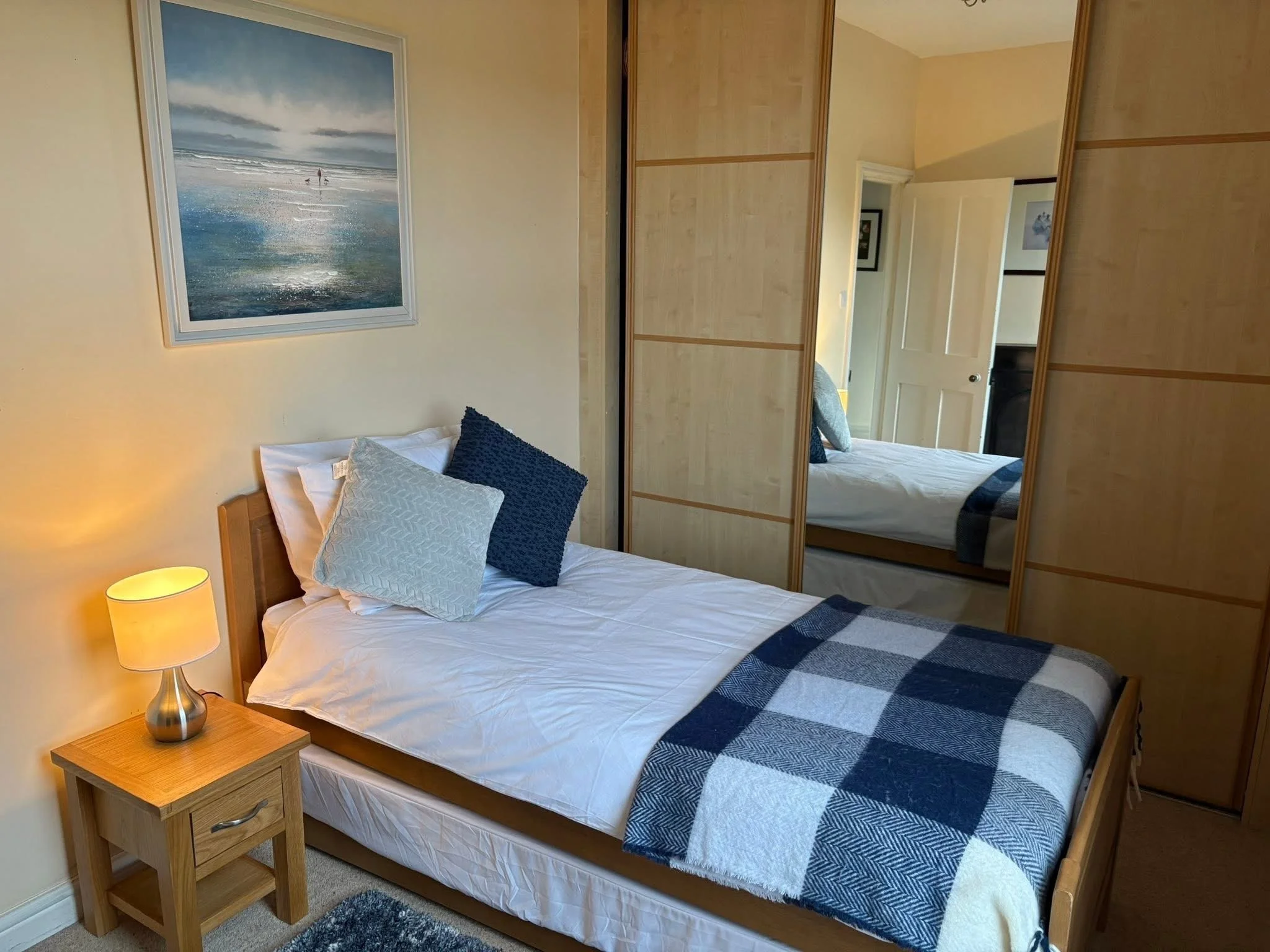 Cozy bedroom with a neatly made bed, blue-and-white checkered blanket, bedside lamp, ocean artwork, and mirrored wardrobe doors.