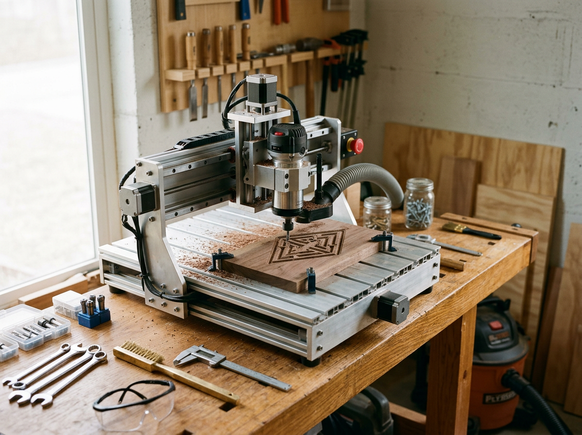 A CNC wood engraving machine working on a wooden block with a geometric pattern. The workspace includes various woodworking tools, screws, and jars on a wooden table.