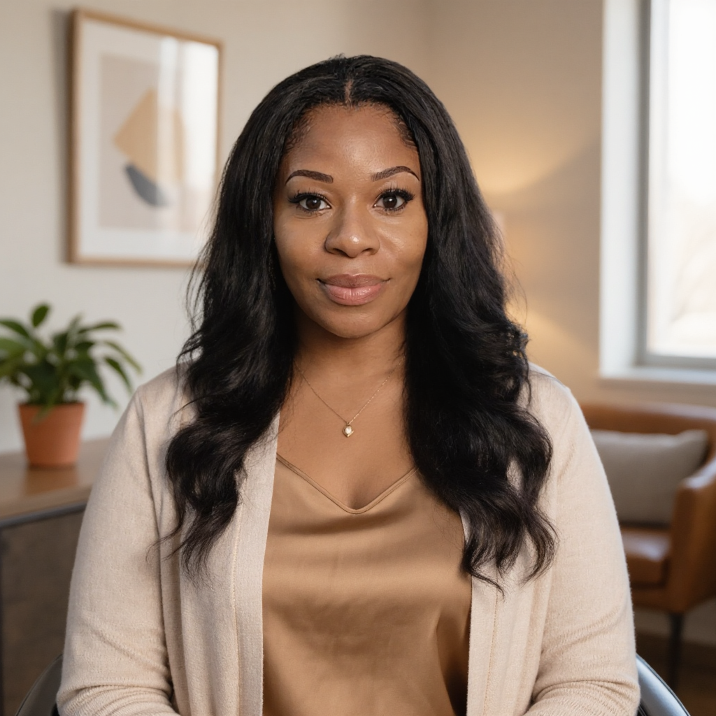 Black woman sitting comfortably at home, representing virtual therapy and mental wellness.