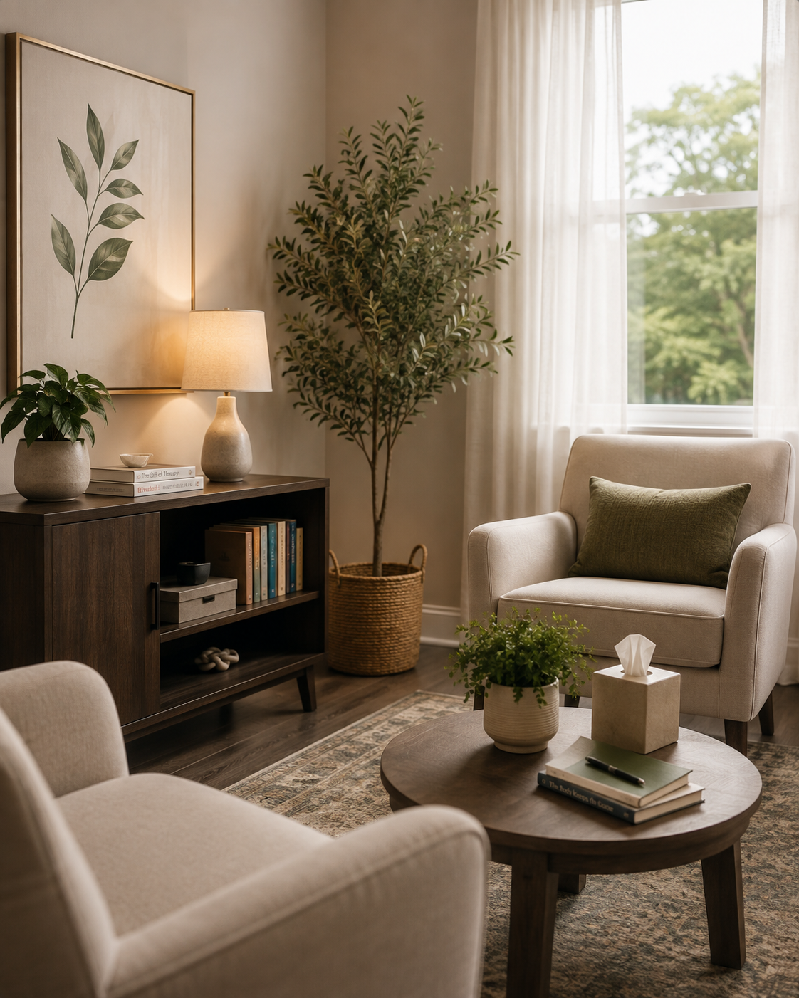 Warm, welcoming therapy space with comfortable chairs and calming natural decor.