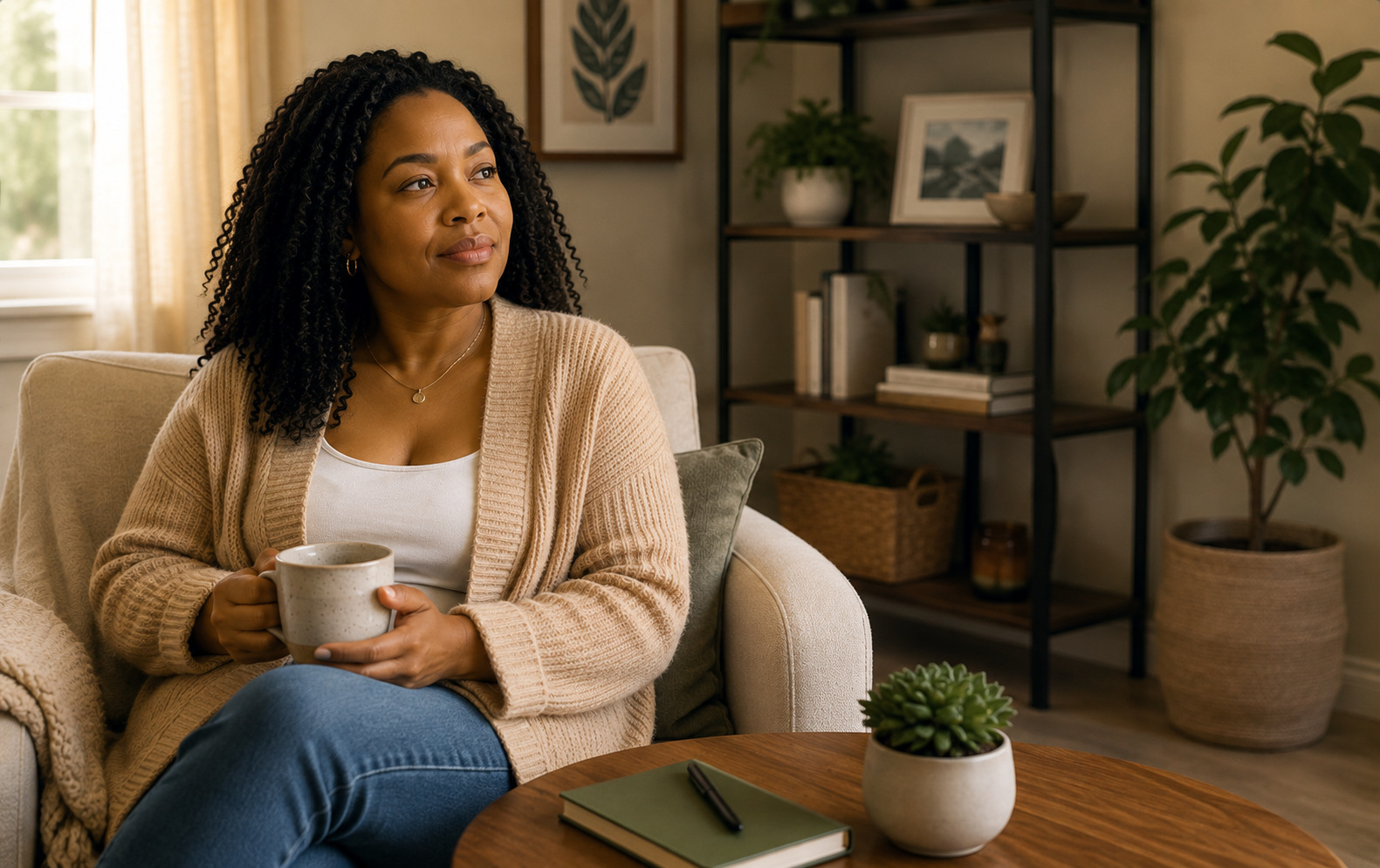 Black woman relaxing in a comfortable space, representing emotional wellness, reflection, and personal growth.