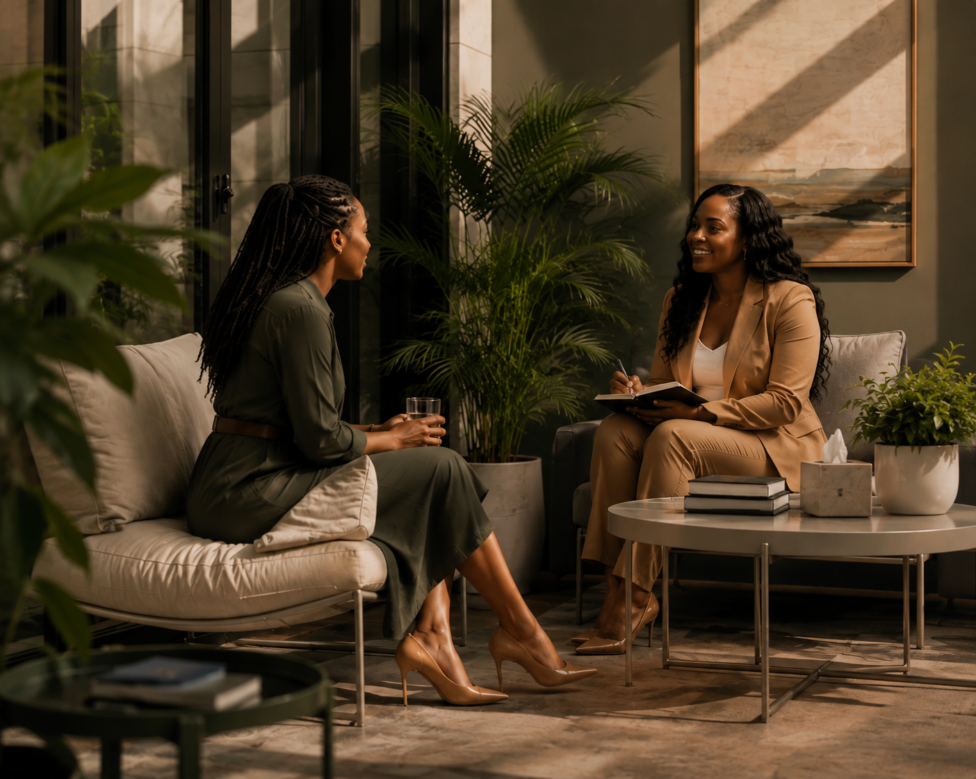 Black female therapist meeting with a woman in a comfortable, supportive counseling setting.