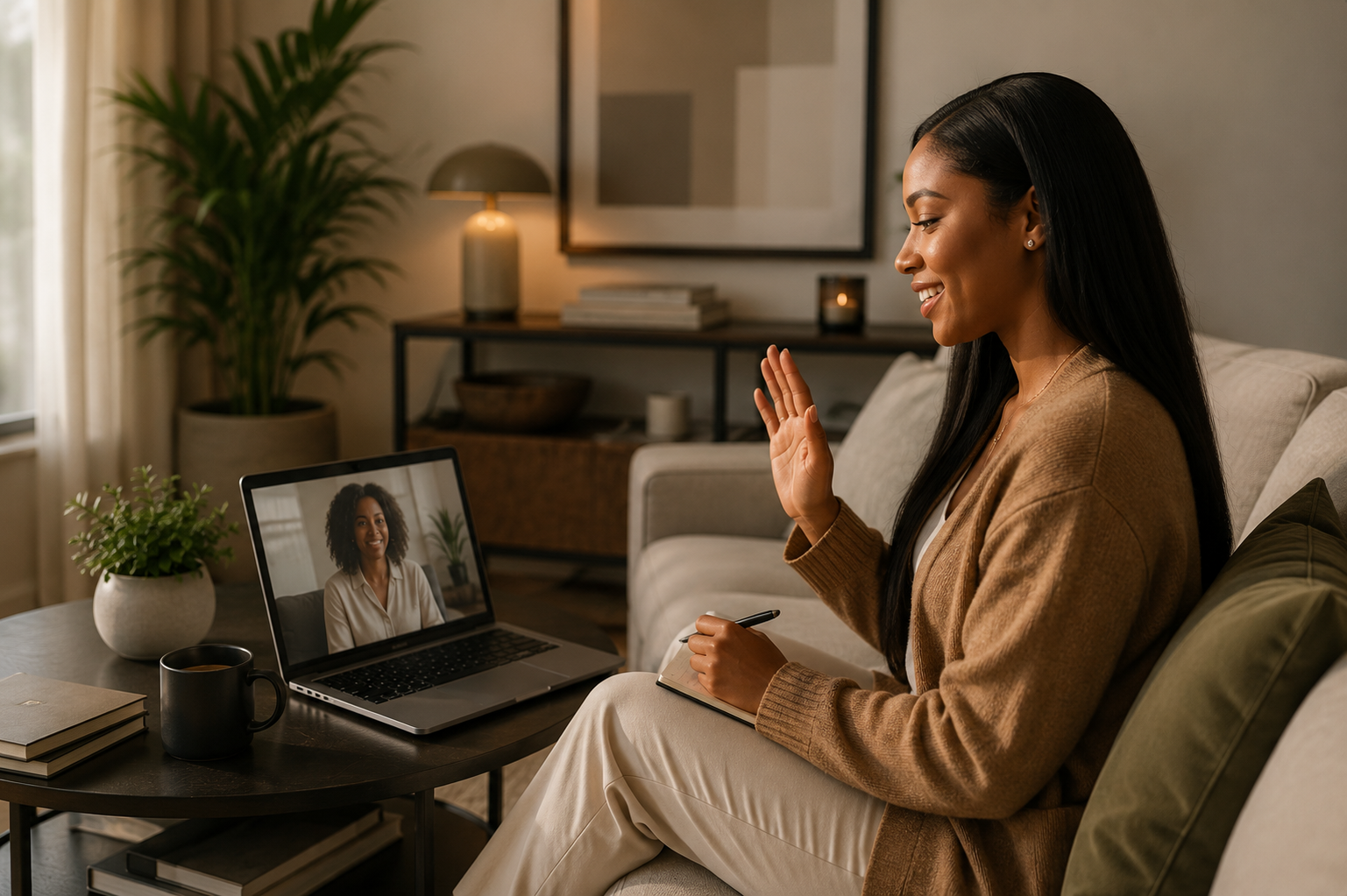 Black woman participating in a secure virtual therapy session from home.