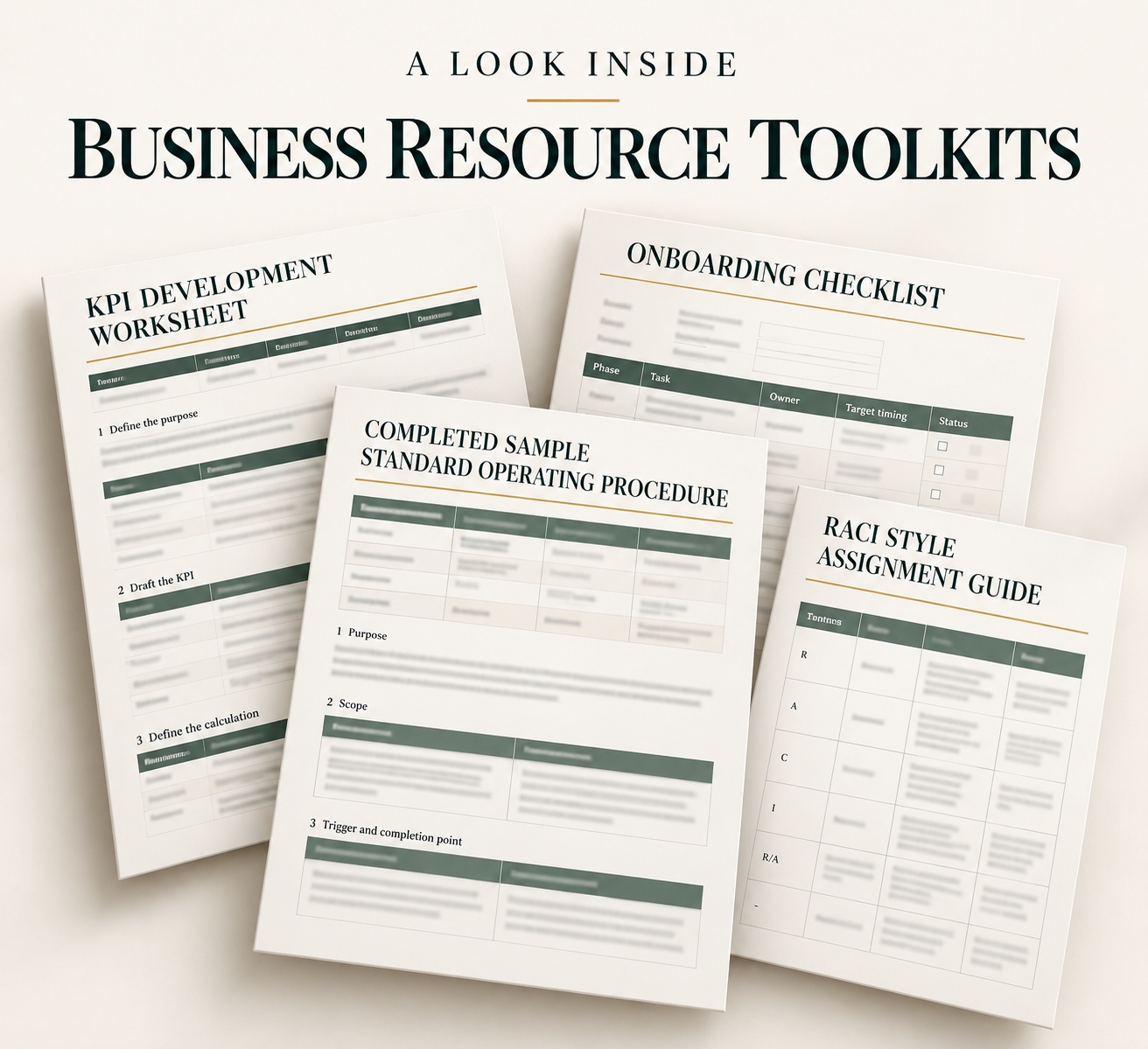 Image showing multiple business resource toolkits, including KPI development worksheet, onboarding checklist, sample standard operating procedure, and RACI style assignment guide, arranged on a flat surface.