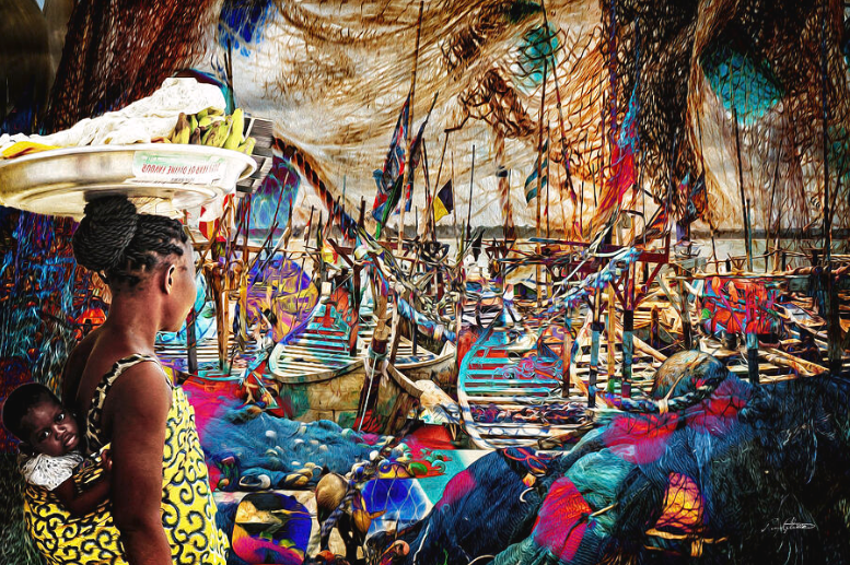 Woman carrying a child on her back in a colorful, makeshift camp with numerous hammocks and hanging fabrics.