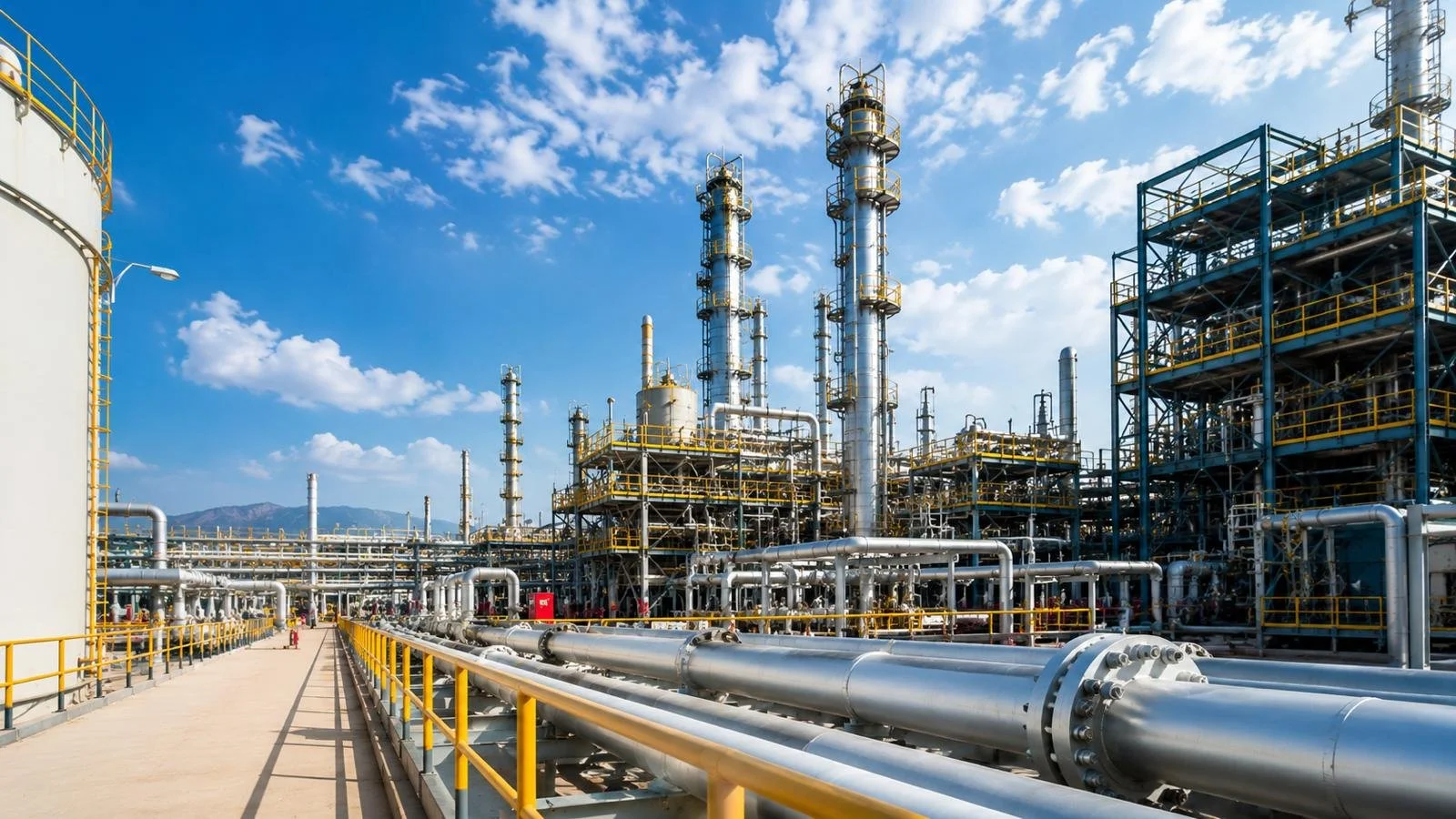 View of an oil refinery or chemical plant with large metal pipes, distillation towers, and industrial structures under a blue sky with clouds.