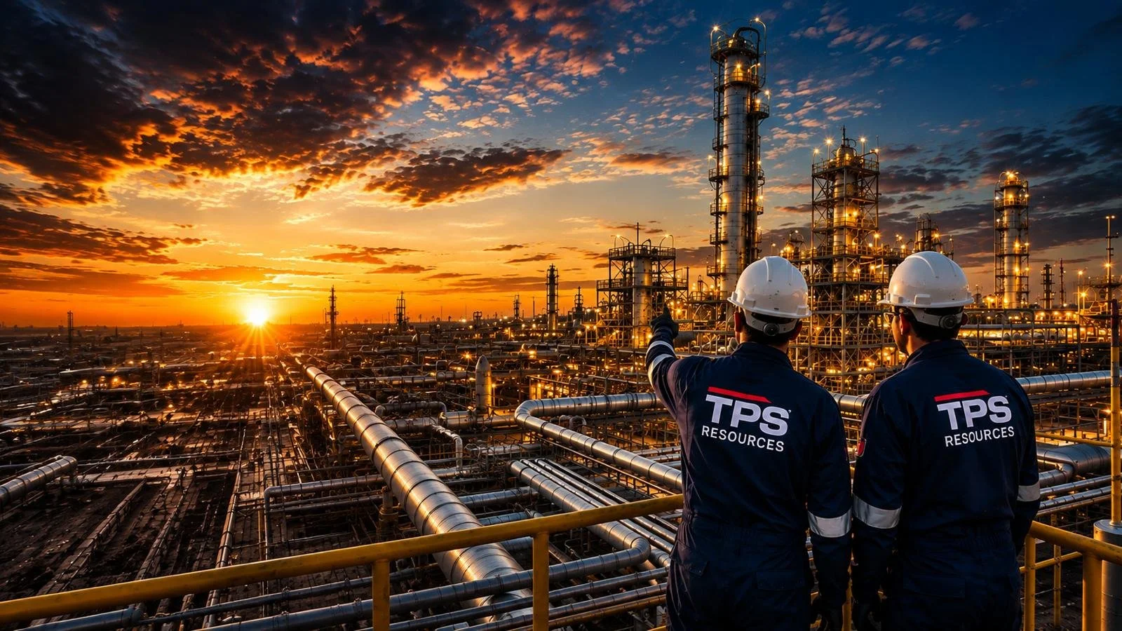 Two industrial workers wearing helmets and TPS Resources uniforms observing a large oil refinery or chemical plant at sunset with numerous pipes and towers.