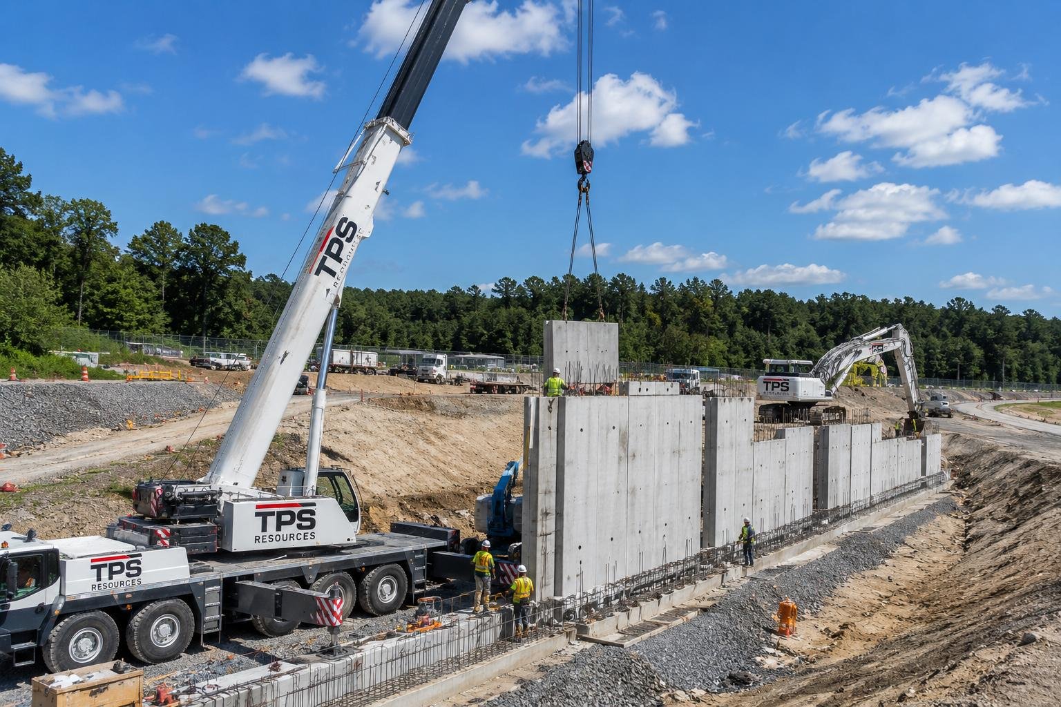 Construction site with cranes lifting large concrete walls, workers in safety gear, and a blue sky with clouds.