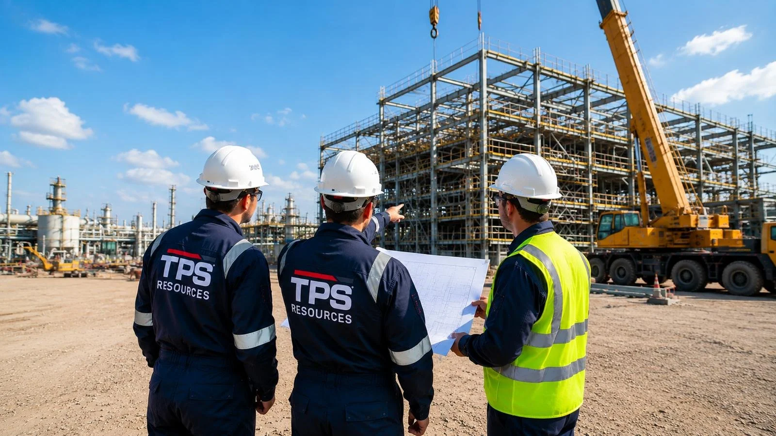 Three construction workers wearing safety helmets and vests inspecting a building under construction at an industrial site with cranes and scaffolding.