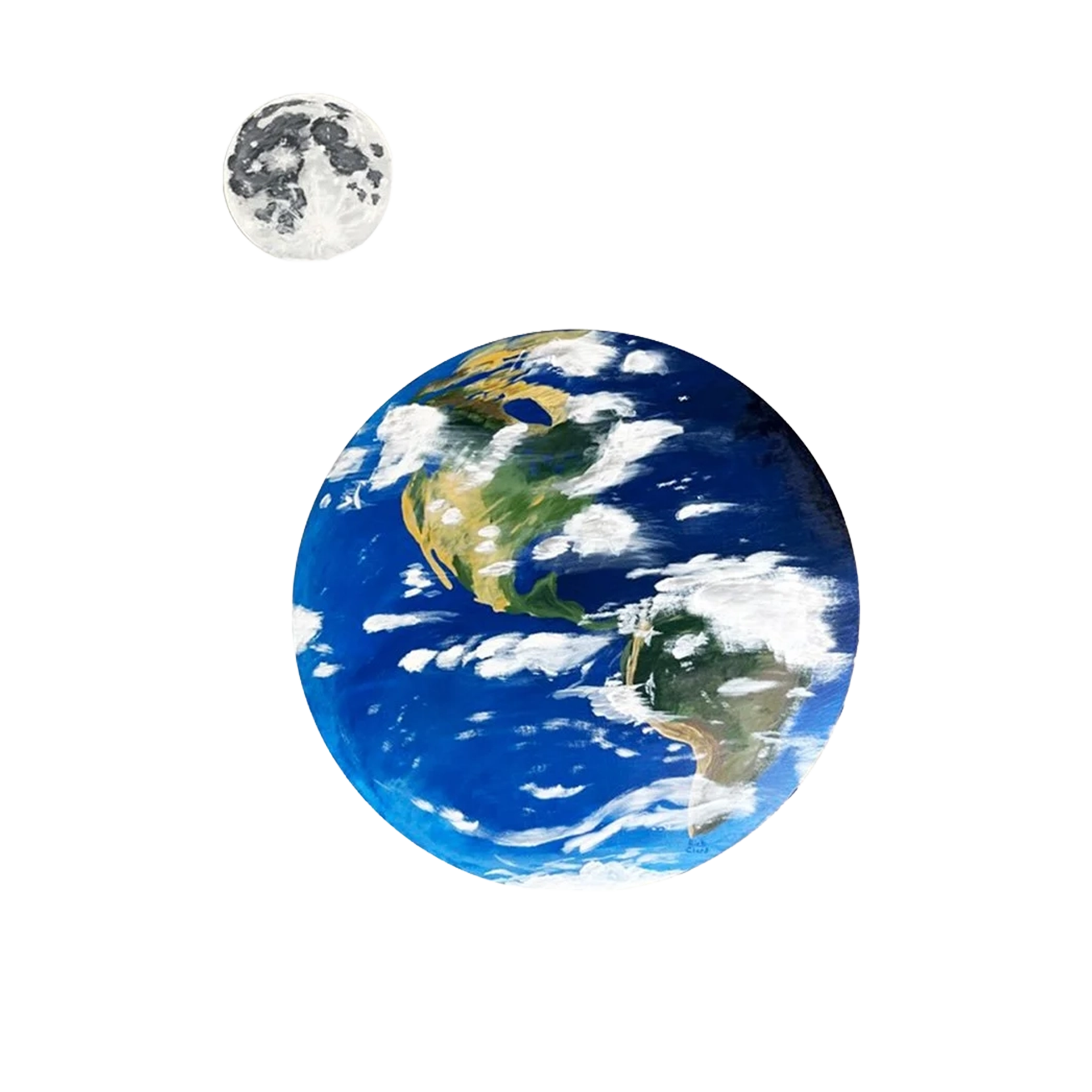 Earth—20" diameter, Moon—6" diameter. Earth is painted in deep ocean blue with the Americas visible in green and gold beneath swirls of white cloud. A smaller palette holds the moon in grey and white. The pair keeps the scale relationship between the