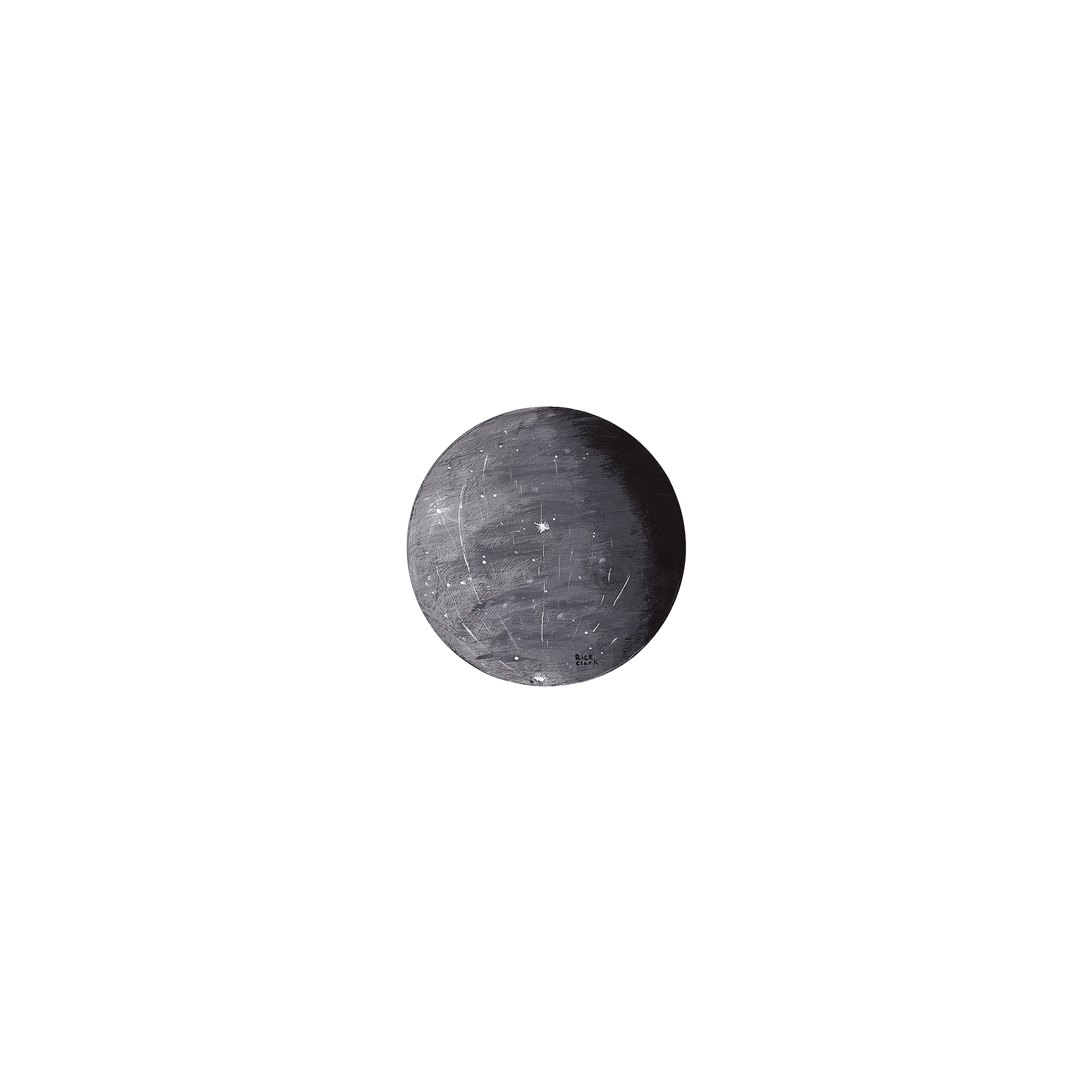 Mercury—10" diameter. The smallest planet is rendered on a round palette in deep blue-grey and near-black, its cratered surface marked by fine white scratches and small impact points. One side falls into complete shadow. The restrained palette suits 