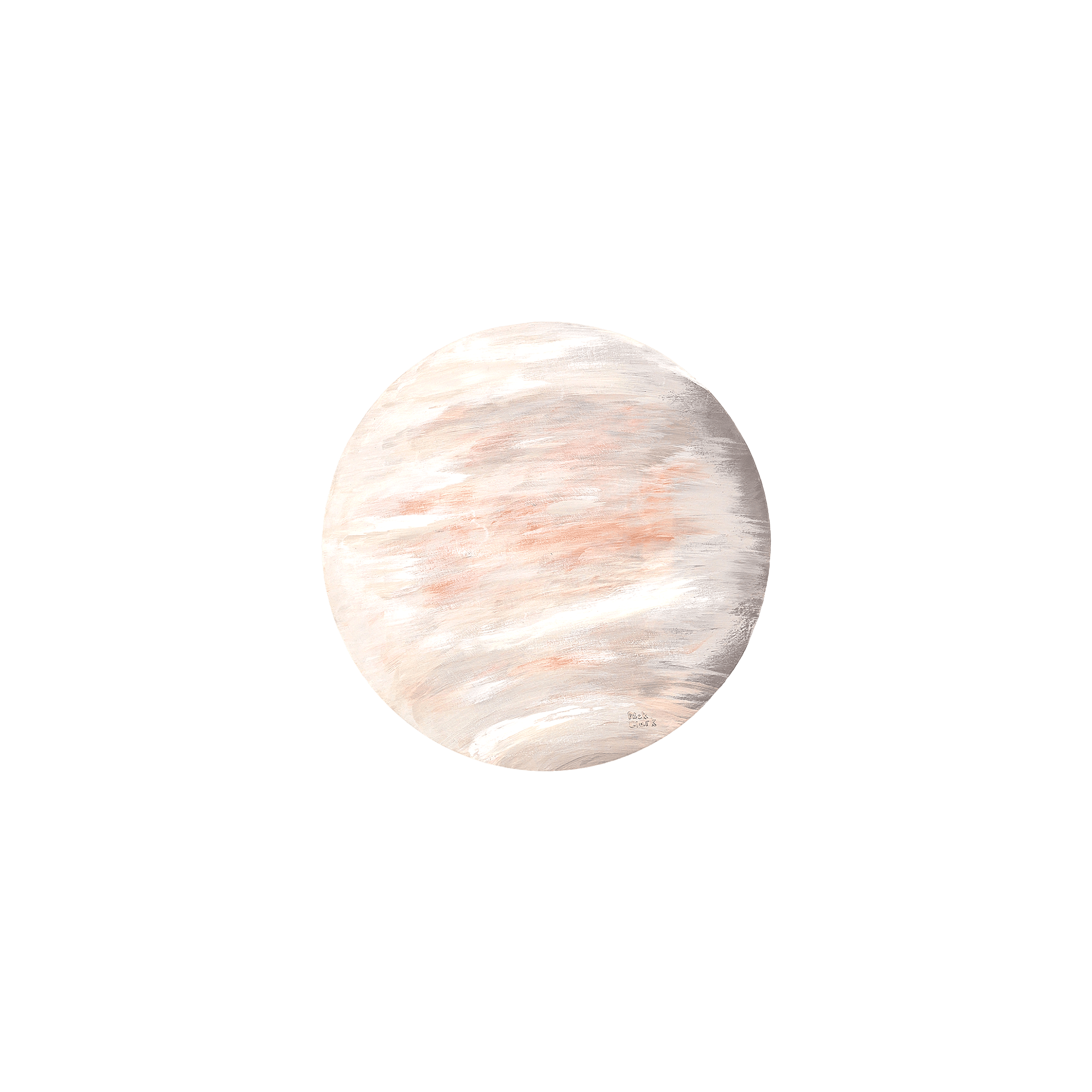 Venus—16" diameter. A pale, clouded sphere in soft white, grey, and blue with faint traces of peach and rust breaking through. The brushwork sweeps diagonally across the surface, suggesting dense moving atmosphere. Nothing solid resolves beneath the 