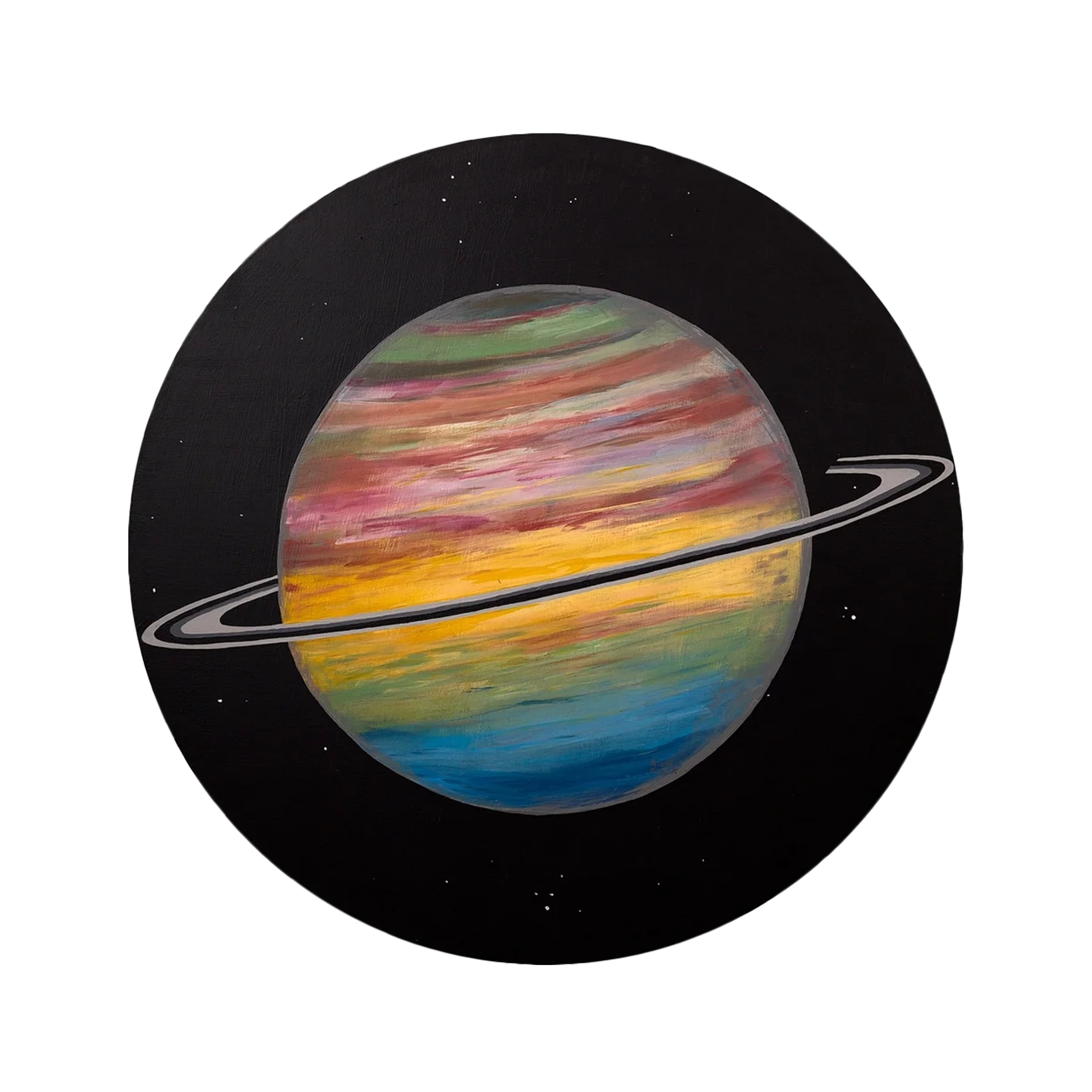 Saturn—30" diameter. Saturn sits at the center of a black painted field, its banded body running through pink, yellow, green, and blue with a silver-white ring system cutting across at an angle. Faint stars are scattered through the surrounding dark.