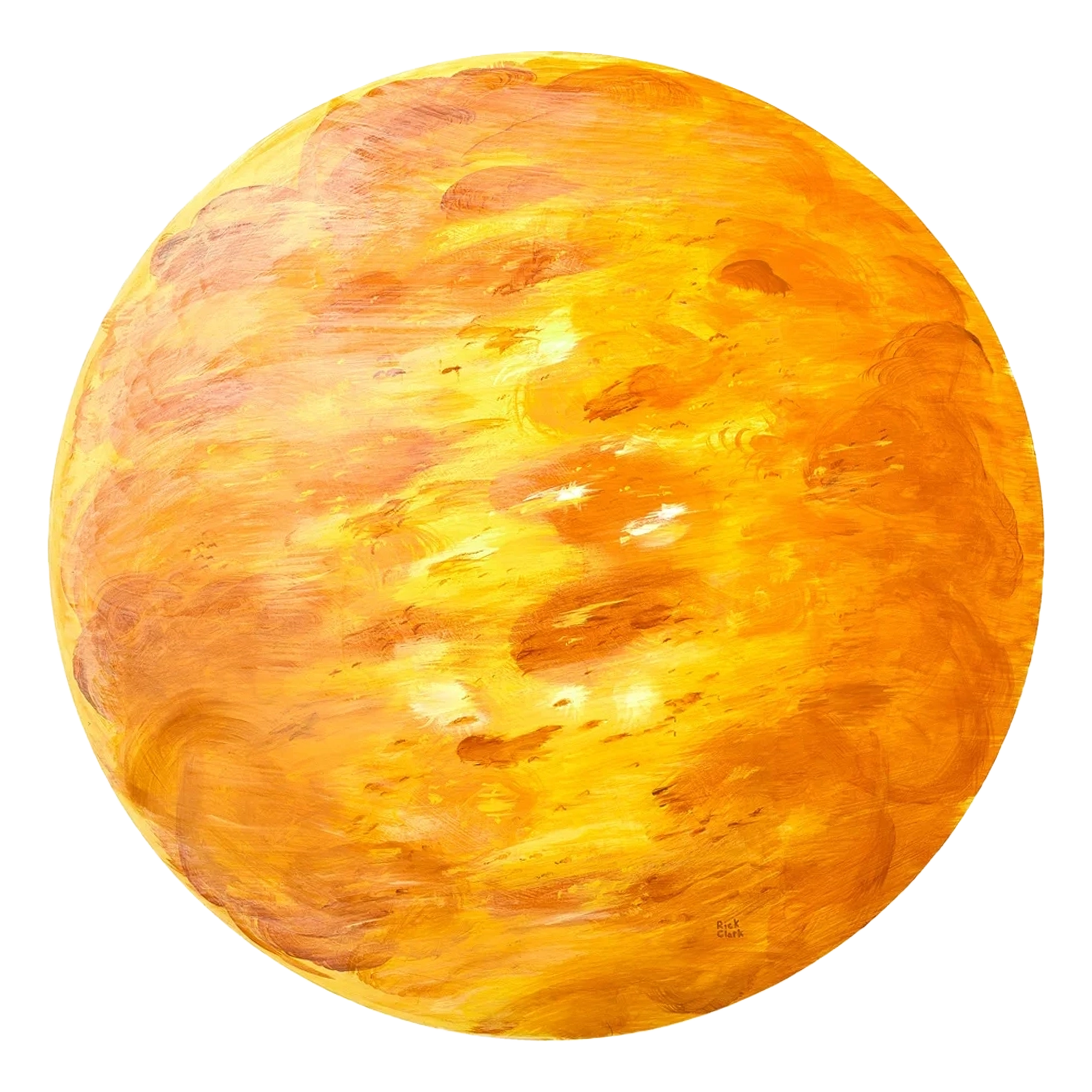 Sun—36" diameter. The sun is built from swirling brushwork in yellow, gold, and white with drifts of grey and brown across the surface. The circular support becomes the body of the star itself. At thirty-six inches across it is the largest piece in t