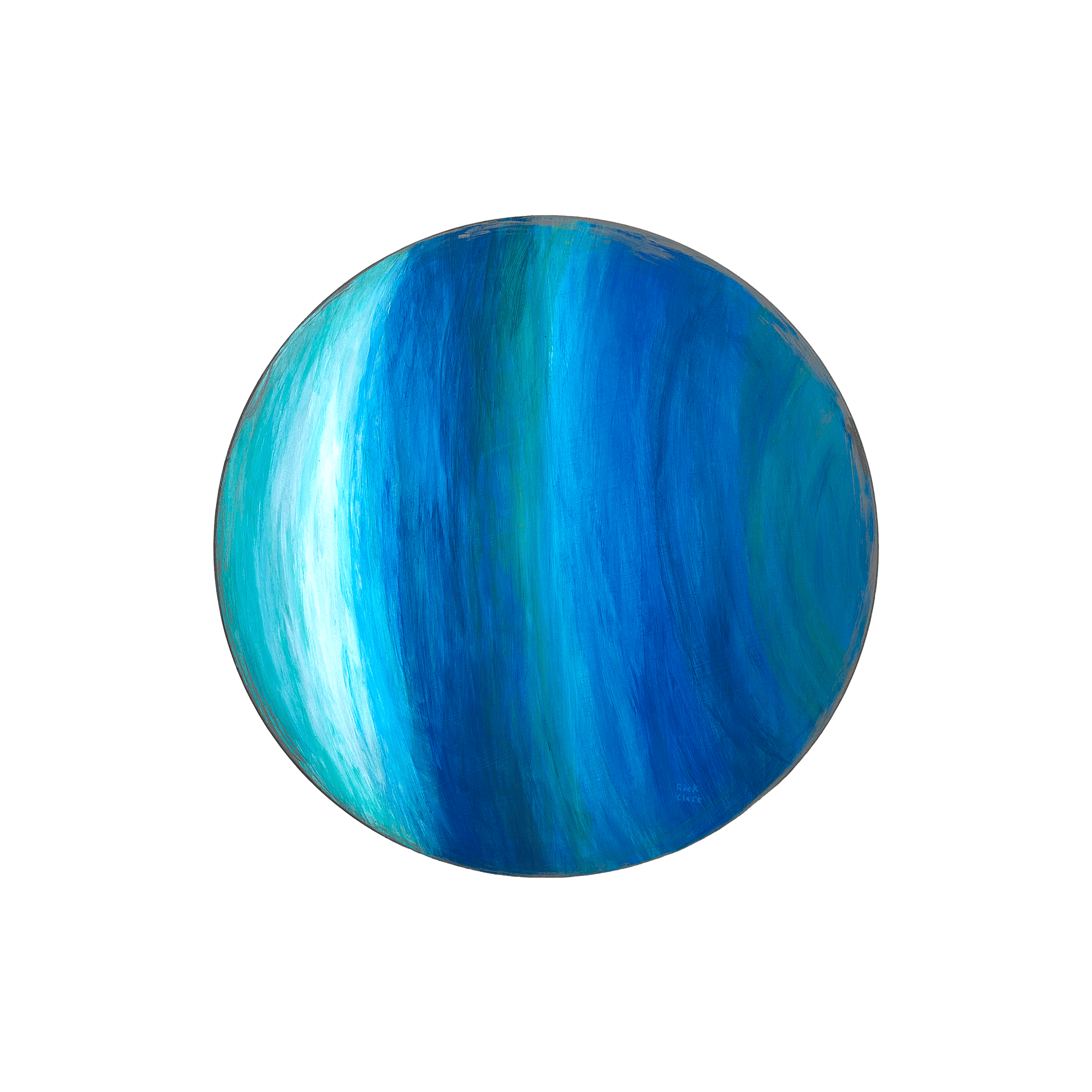 Uranus—24" diameter. Uranus is rendered in vertical sweeps of cyan, cobalt, and deep blue. The brushwork runs top to bottom rather than in horizontal bands, a nod to the planet's tilted axis. No surface features interrupt the color.