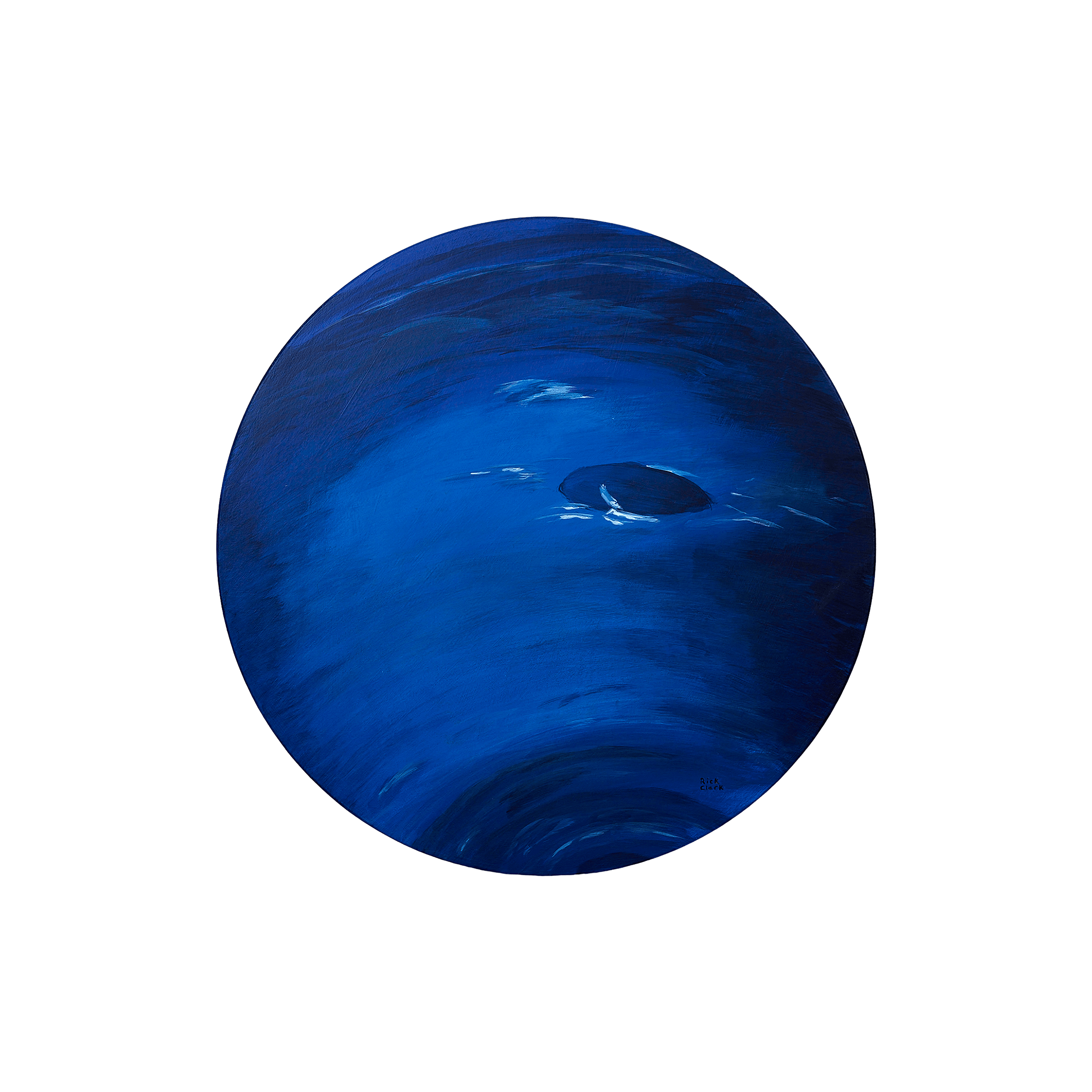 Neptune—24" diameter. Neptune is painted in dense cobalt and royal blue with lighter cyan streaks moving through the surface. A dark oval storm sits right of center, ringed with brighter blue. The deep saturated color separates it clearly from the pa