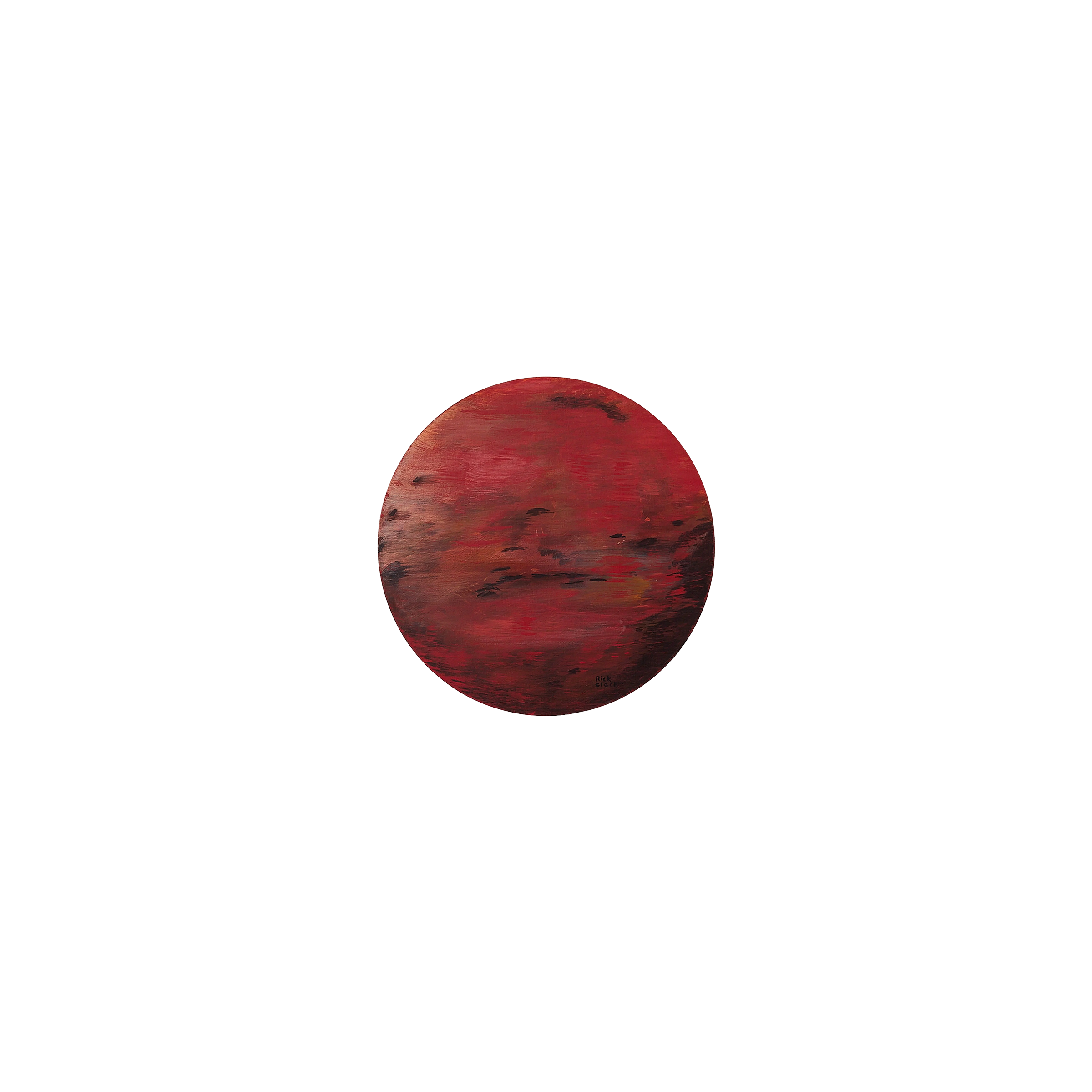 Mars—12" diameter. Mars is rendered in unexpected pinks and magentas shot through with charcoal and pale blue. Loose horizontal brushwork suggests dust storms sweeping across the surface. The choice of pink over conventional rust red gives the planet