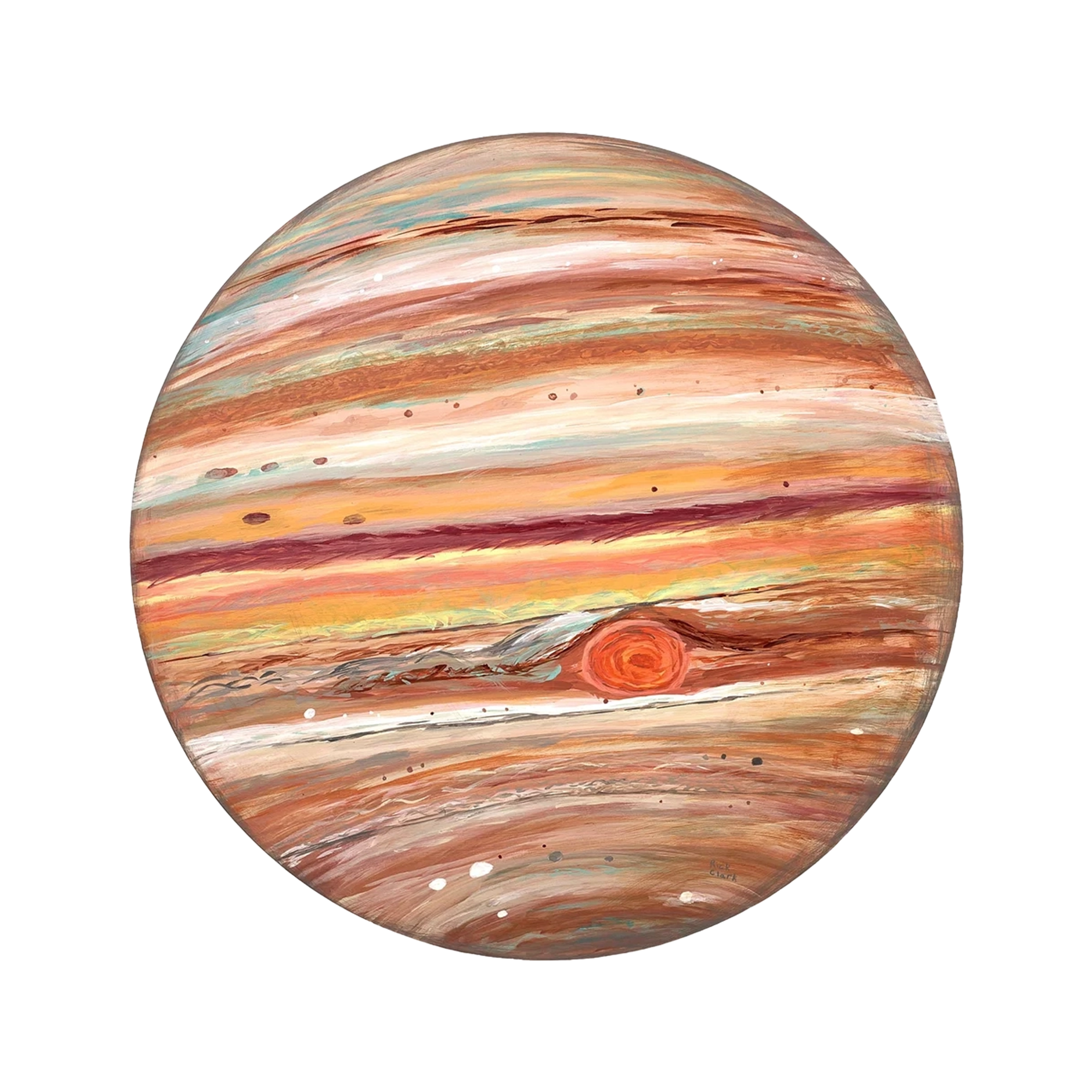 Jupiter—30" diameter. Jupiter fills the palette with horizontal cloud bands in cream, rust, sage, and pale blue, layered with visible brush texture. The Great Red Spot sits low and right of center as a swirling orange oval. Small dark points scattere