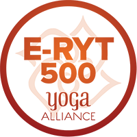 An orange circular logo with the text E-RYT500 Yoga Alliance