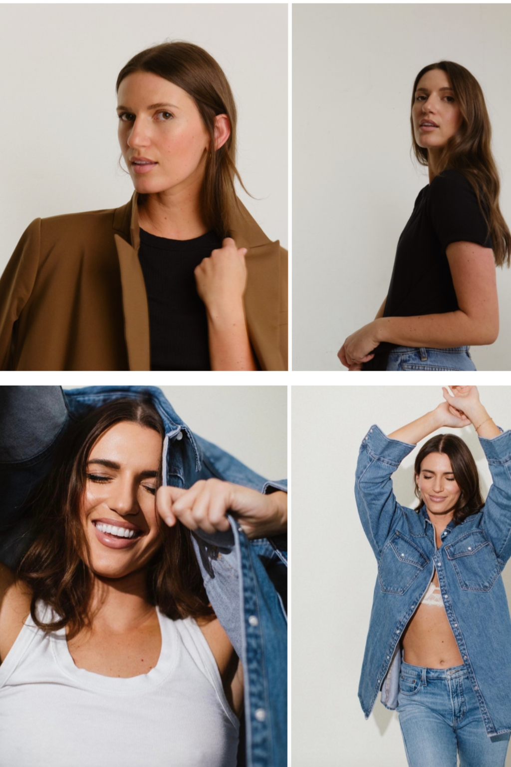 Collage of four images featuring a young woman with brown hair and fair skin expressing different moods and fashion styles. In the top left, she wears a black shirt and brown blazer, looking confident. In the top right, she wears a black t-shirt and blue jeans, posing casually. In the bottom left, she is smiling with her eyes closed, pulling open a denim jacket over a white tank top. In the bottom right, she is smiling with eyes closed, wearing a denim shirt and jeans, raising her arms above her head.
