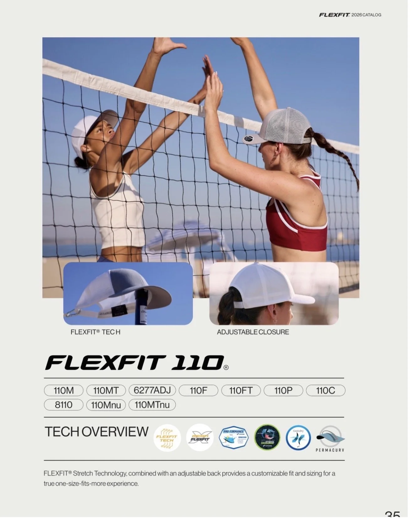 Two women playing beach volleyball at the beach with a clear blue sky in the background. One woman wearing a white cap and white top, the other wearing a gray cap and red top. The image focuses on their interaction at the net, with inset images showing a close-up of a white sun hat with adjustable closure and a white baseball cap, along with product features and brand information for FLEXFIT 110.