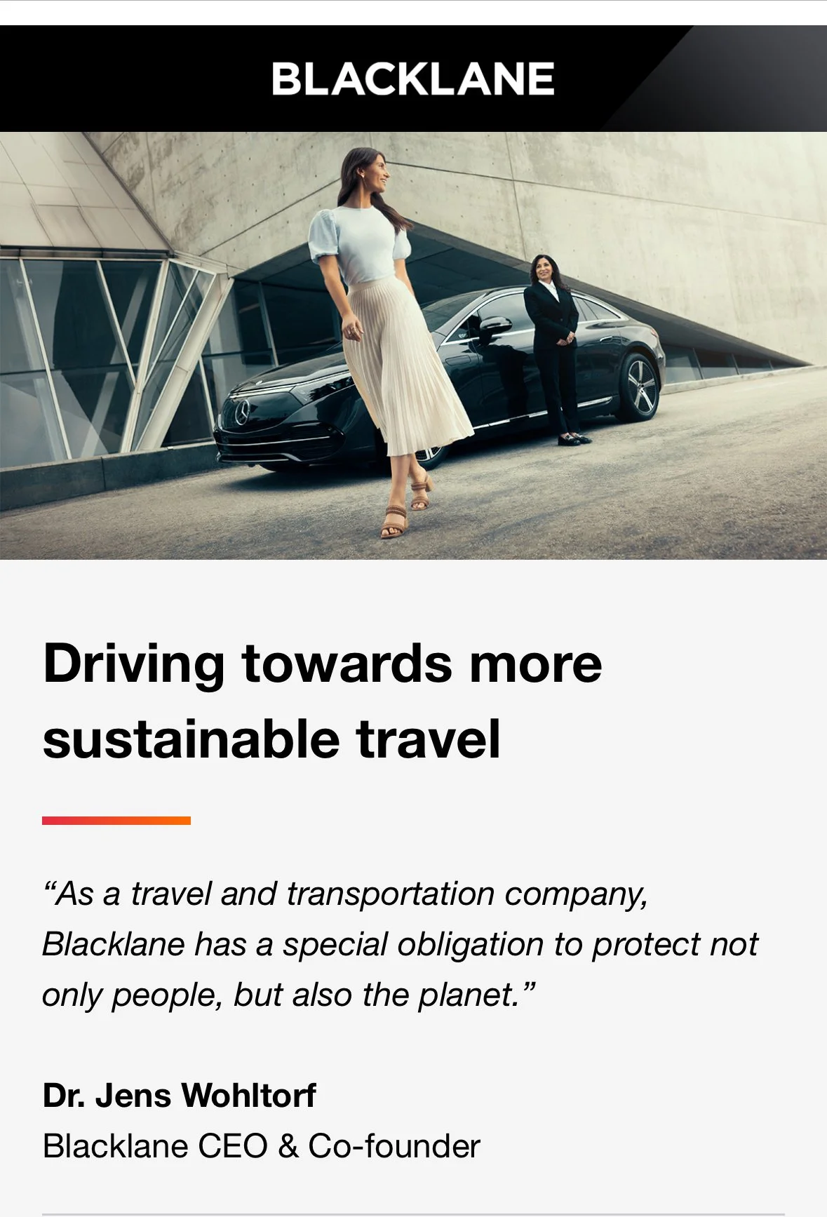 Woman in a white blouse and beige pleated skirt walking past a black Mercedes-Benz car, with another woman in a dark business suit standing in the background in front of a modern concrete building. The header reads 'BLACKLANE' and the text discusses sustainable travel.