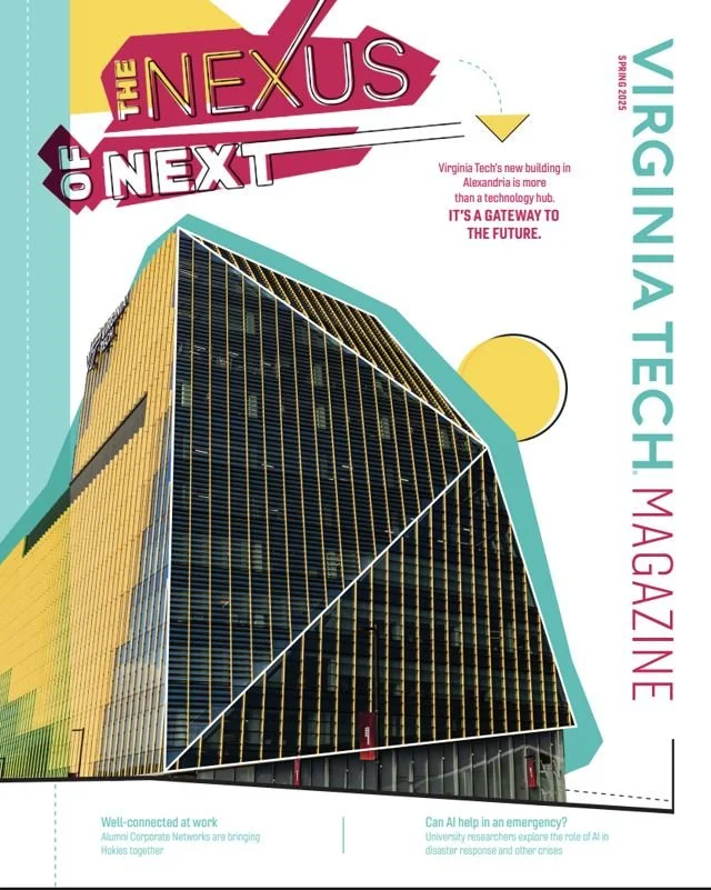 Spring 2025 cover: a glass tower framed by bold teal, yellow and maroon graphics under the headline The Nexus of Next.