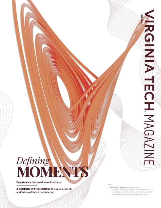 Fall 2025 cover: sweeping orange ribbon-like lines on white, with the headline Defining Moments.