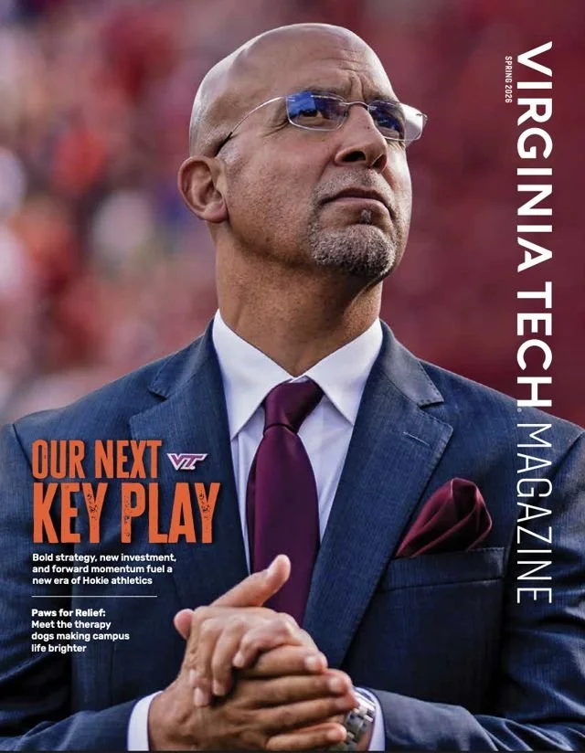 Spring 2026 cover: Virginia Tech head football coach James Franklin, in a suit and maroon tie, under the headline Our Next Key Play, about a new era of Hokie athletics.