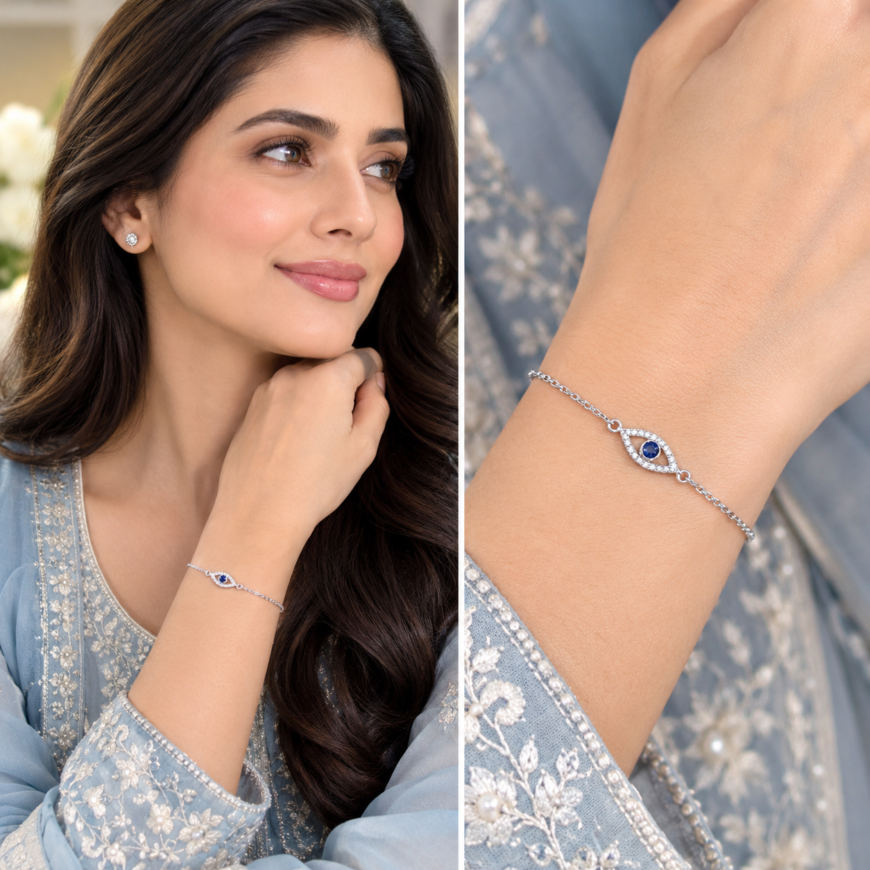 Evil Eye Diamond and Blue Sapphire Bracelet in 18k White Gold