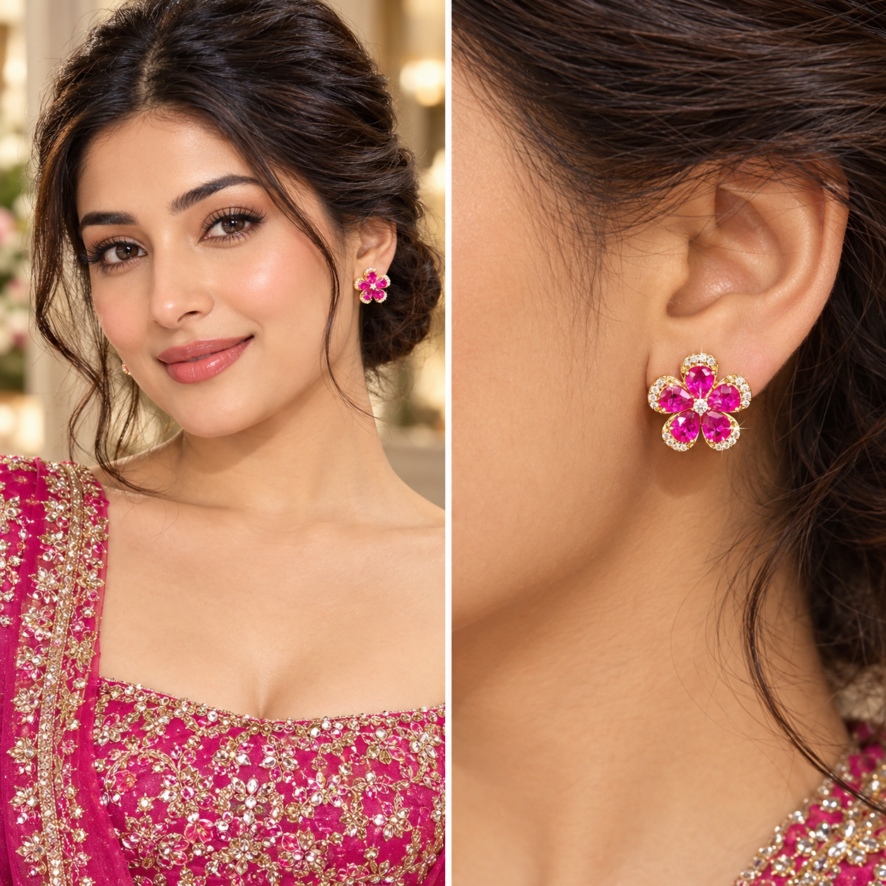Gulnar Diamond and Ruby Floral Earring Studs in 18K Gold