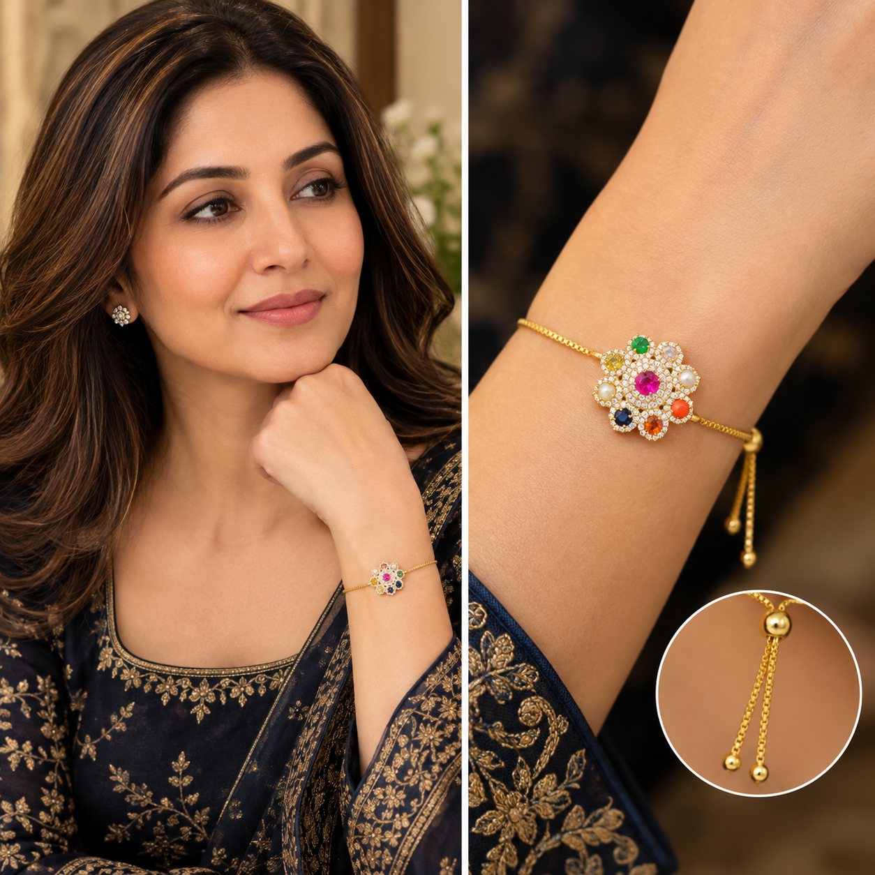 The Nine Gems Navratan & Diamond Bolo Bracelet in 18k Gold