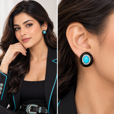 The Azure Diamond, Turquoise and Onyx Drop Earrings in 18k Gold