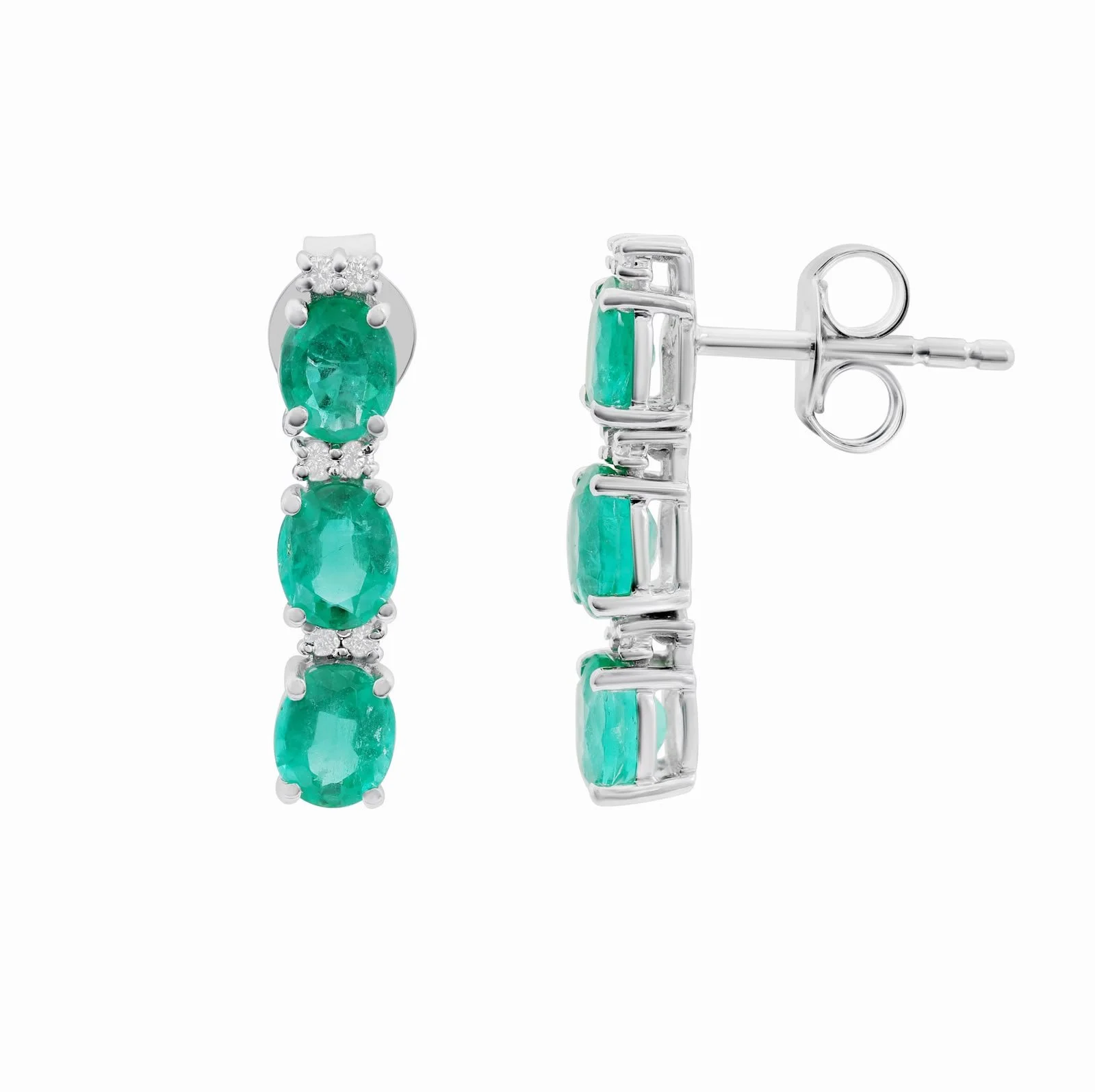 The Linear Diamond and Emerald Earrings in 18k White Gold