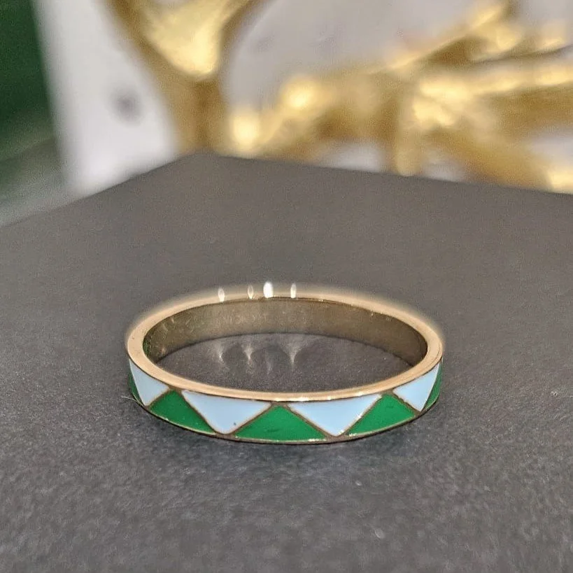 14k Gold Green and Blue Enamel Stacking Ring - Size 9