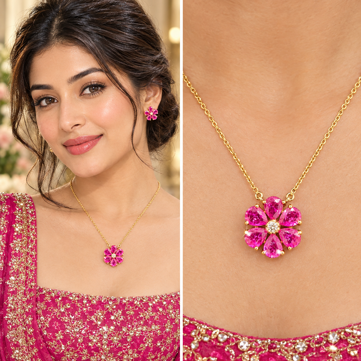Gulnar Diamond and Ruby Floral Pendant with Chain in 18k Gold