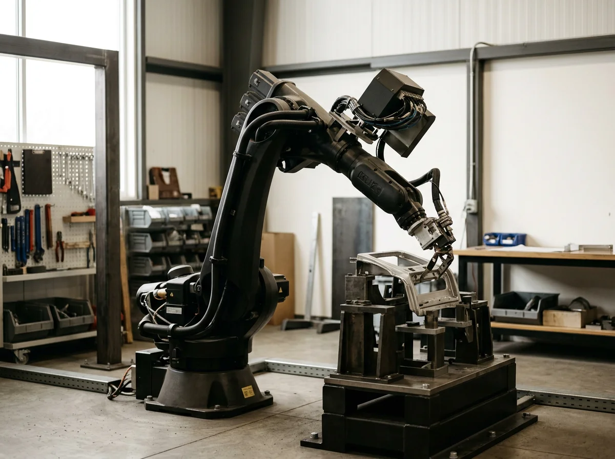 Robô industrial ajustando uma peça de metal em uma bancada de trabalho em uma oficina.