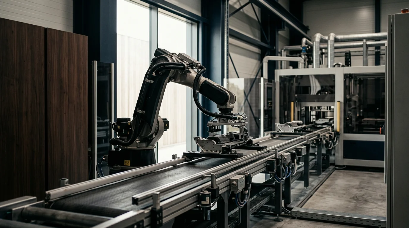 Robô industrial automatizando uma linha de produção na fábrica.