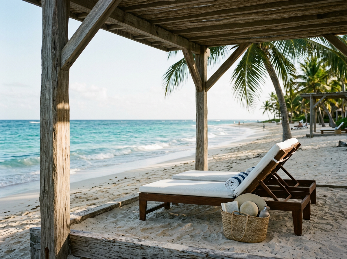 Beach scene with two lounge chairs under a wooden shelter facing the ocean, with palm trees and a sandy shoreline.