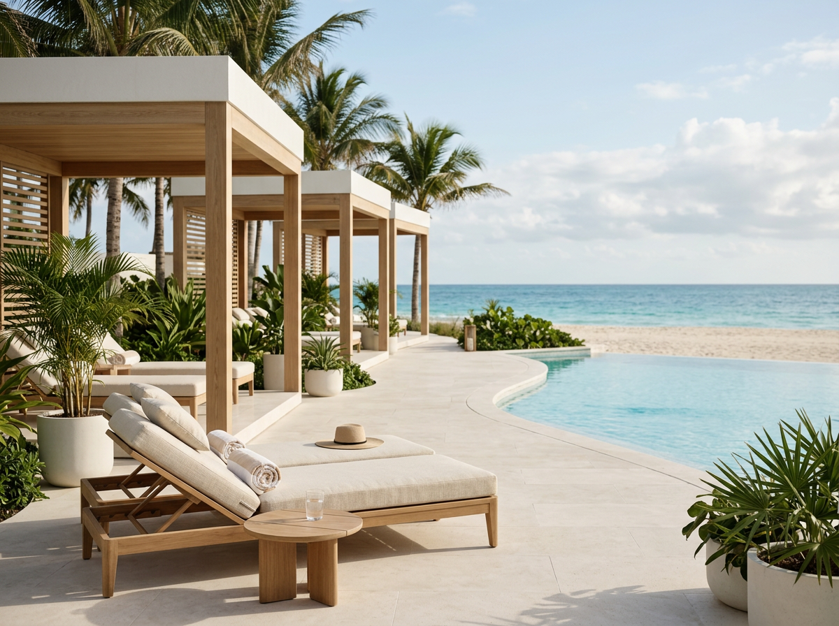 Luxury poolside area with white lounge chairs, a hat, a glass of water, and rolled towels on a beige cushion. Behind, cabanas with wooden frames and white roofs are surrounded by lush green plants and palm trees. In the background, there is an ocean view with clear blue water, sand, and a partly cloudy sky.