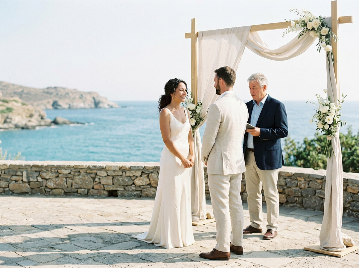 A couple is getting married outdoors near the ocean, standing in front of an officiant under a wooden wedding arch decorated with white flowers and drapes.