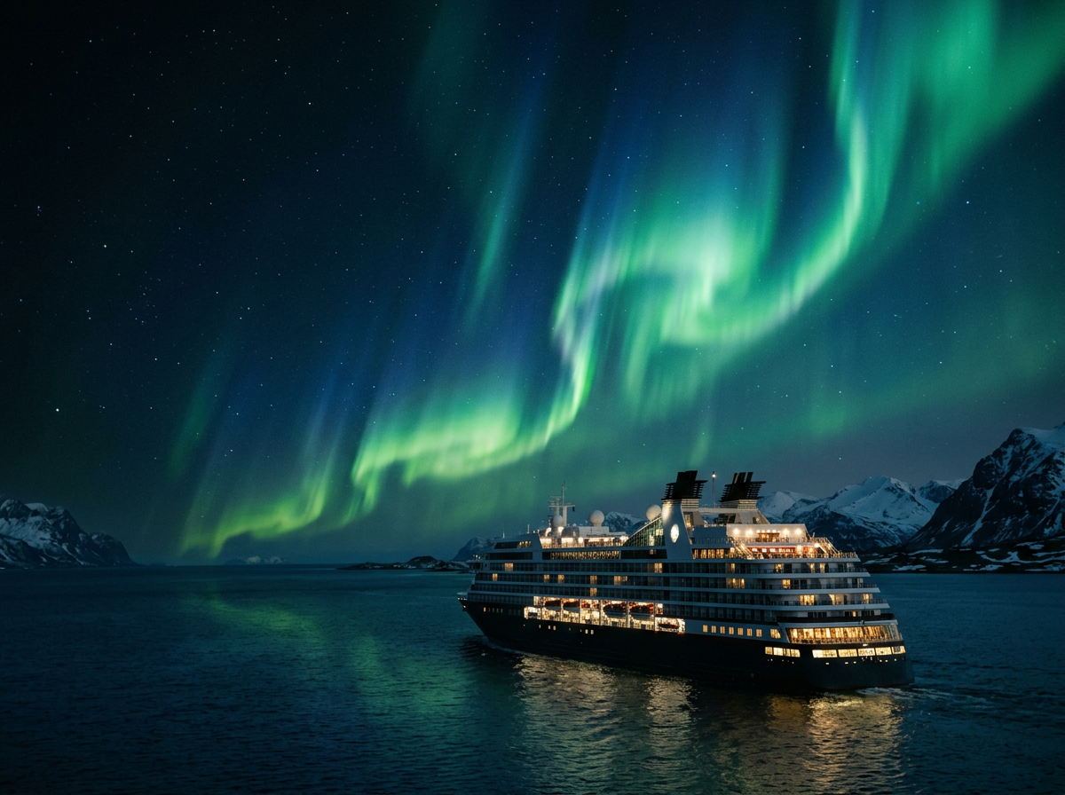 A cruise ship sailing in a fjord at night with aurora borealis lights in the sky and snow-capped mountains in the background.