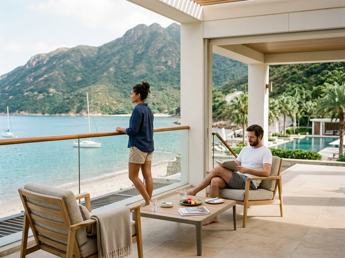 A man relaxing in a chair with a book on a covered patio overlooking a beach and mountains. A woman stands by the railing looking at the water and mountains. There is a coffee table with snacks and drinks, and a towel draped over an empty chair.