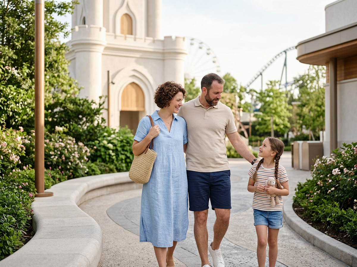 A family of three, a woman, a man, and a young girl, walking and talking in an amusement park with a castle-like structure in the background. The woman carries a woven bag, and the girl holds a stuffed animal.