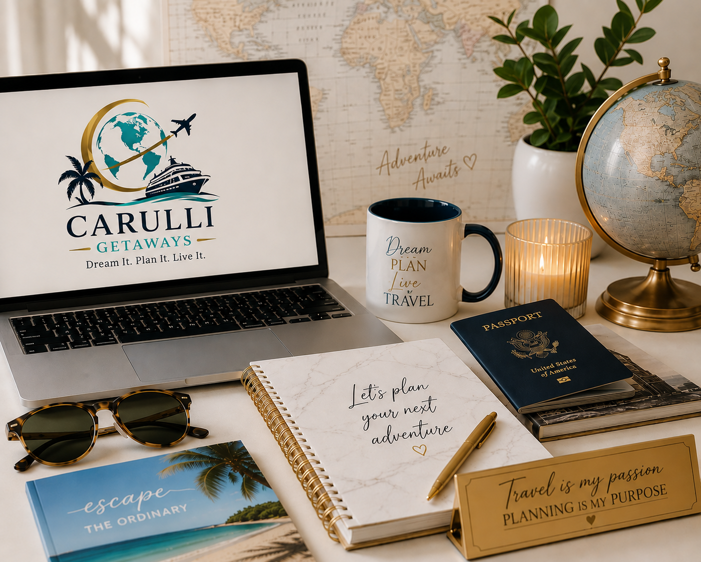 Travel planning desk with laptop displaying 'Carulli Getaways' logo, travel books, passport, sunglasses, mug, globe, potted plant, lit candle, handwritten notebook with 'Let's plan your next adventure' message, and motivational travel quote sign.