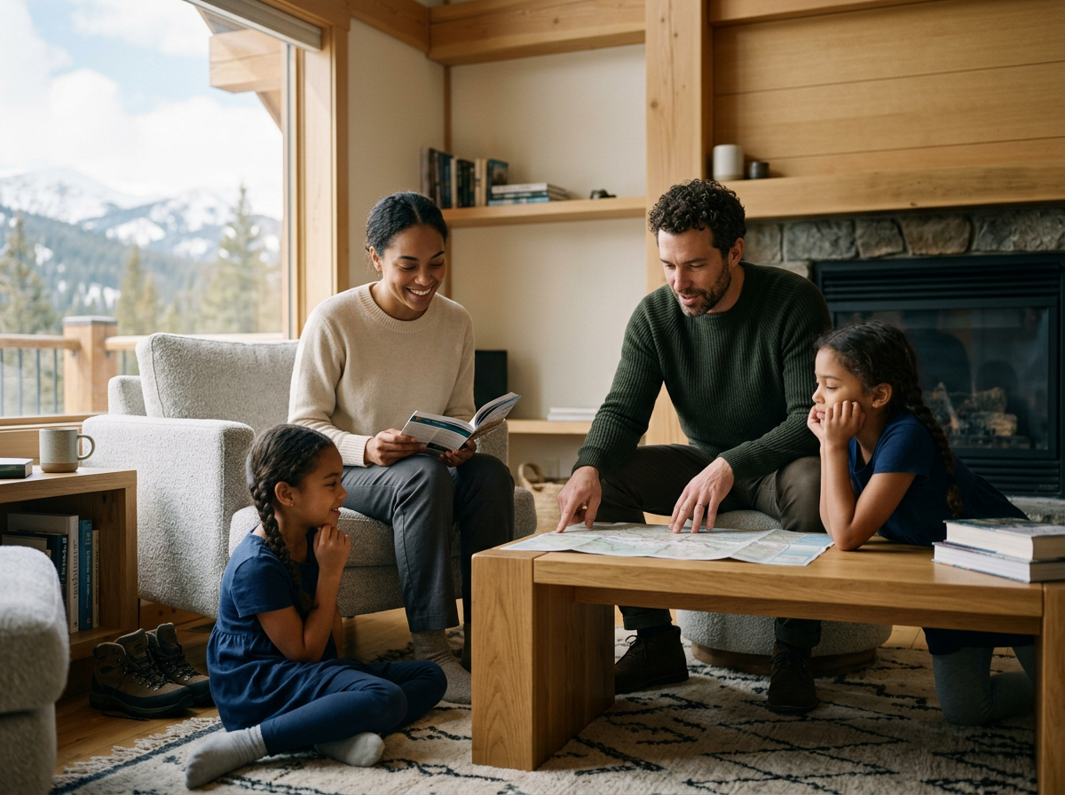 Family of four inside a cozy living room, looking at a map and a book, with mountain scenery visible through a large window.