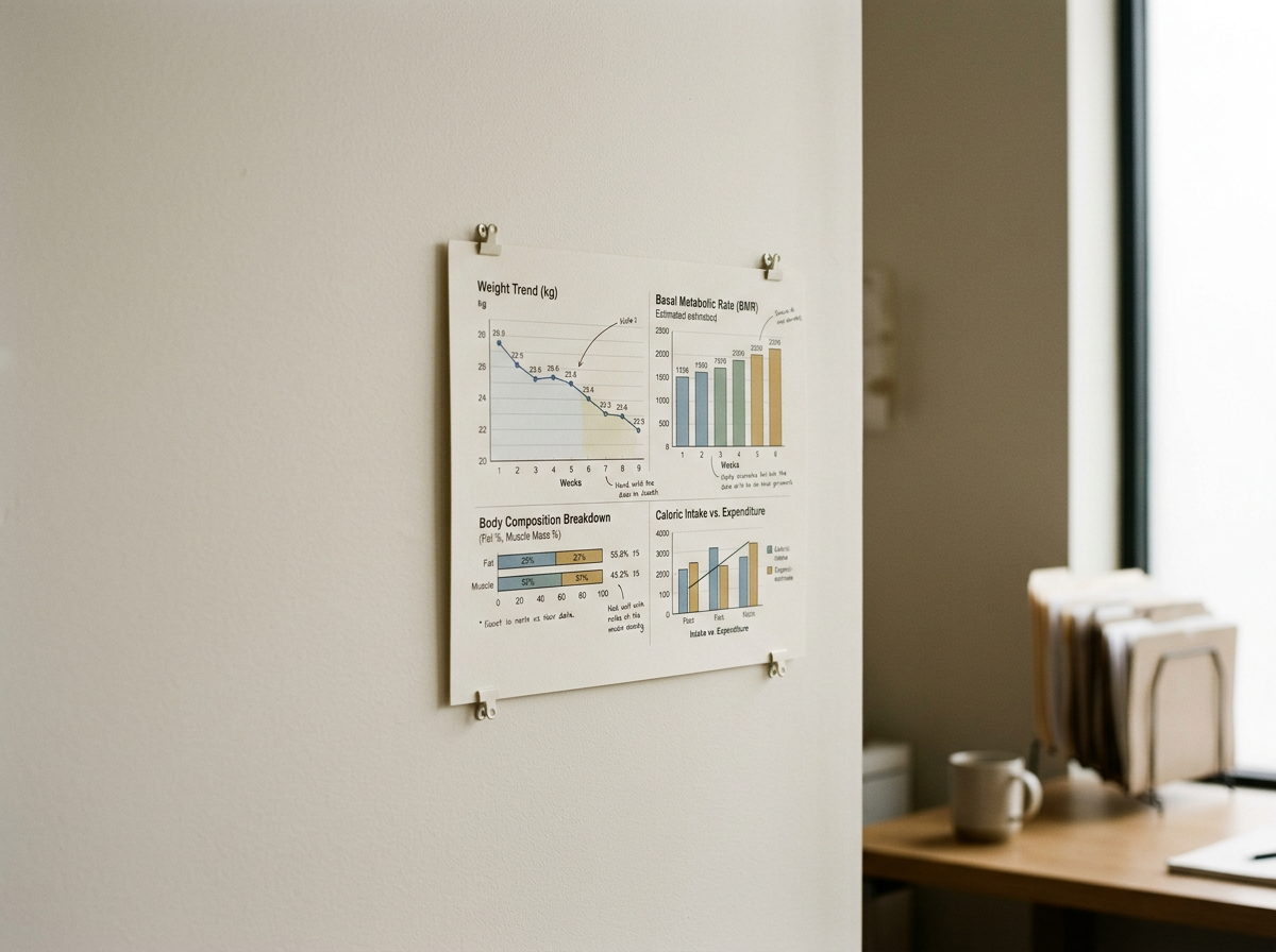 A bulletin board on a white wall displaying charts and graphs related to health data, including weight trend, basal metabolic rate, body composition breakdown, and caloric intake versus expenditure, with a wooden desk and a window in the background.