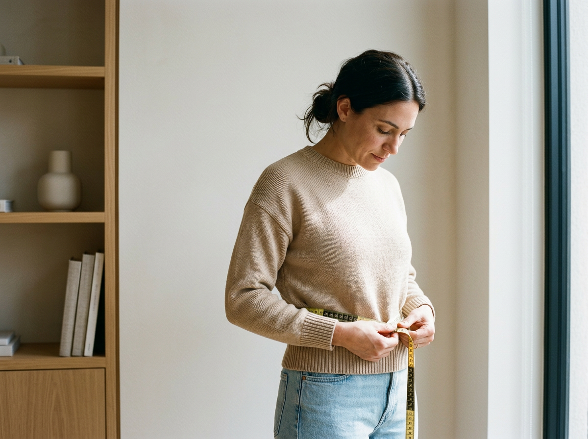 A woman measuring her waist with a yellow measuring tape next to a window in a room with wooden shelves.